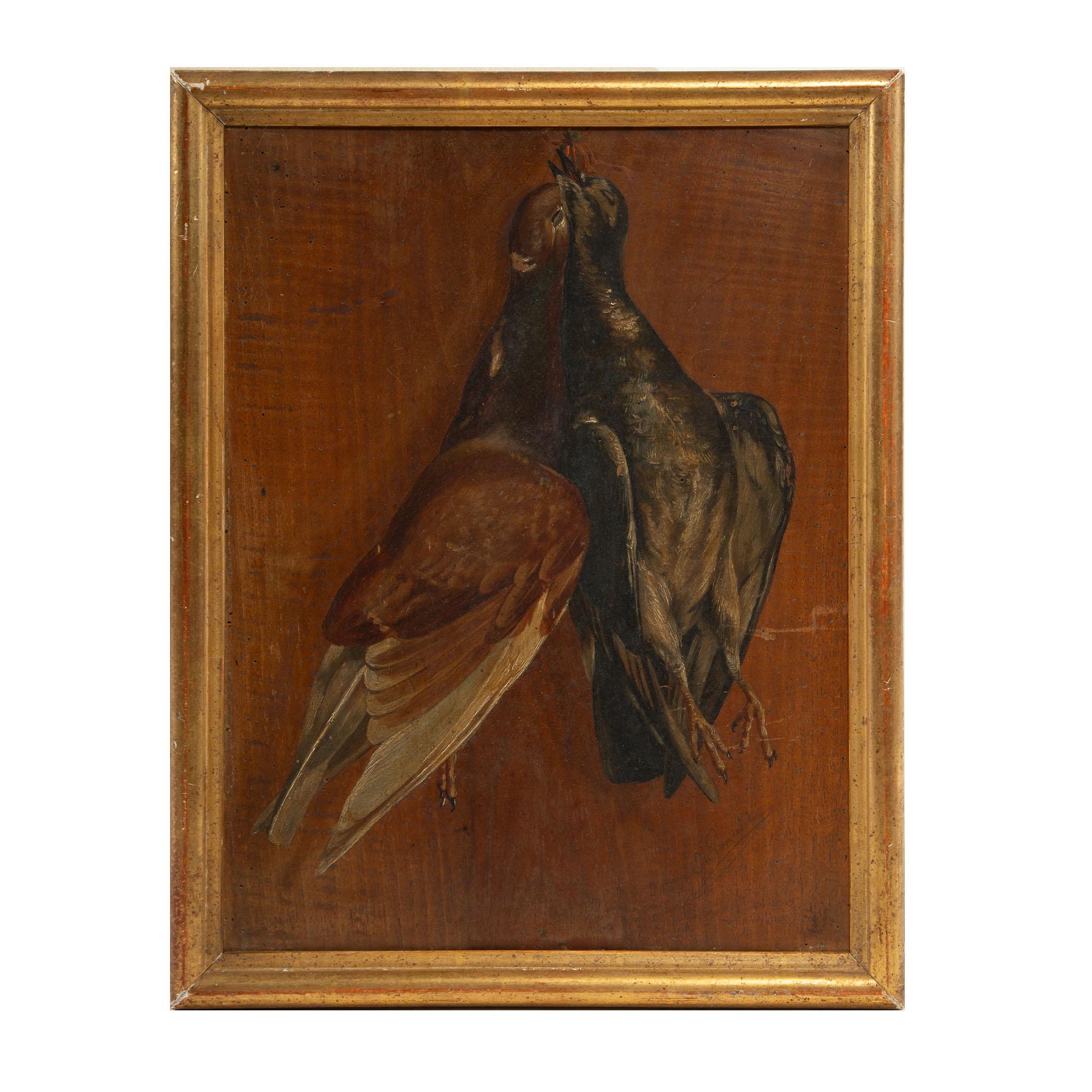 Stillleben von Wildvögeln aus dem späten 19. Jahrhundert (Öl auf Platte)
Ein fein ausgeführtes Nature morte Ölgemälde des späten 19. Jahrhunderts auf Holzbrett, das ein Paar hängende Wildvögel zeigt, die mit beeindruckendem Realismus und Tiefe vor