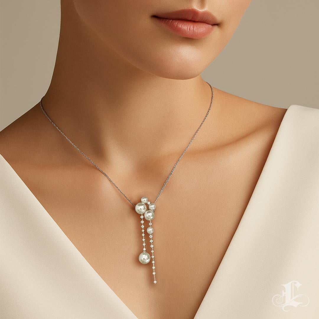 Non taillé 【Sculpted Geometry】Floating Pearl and Diamond Cascade Necklace en vente