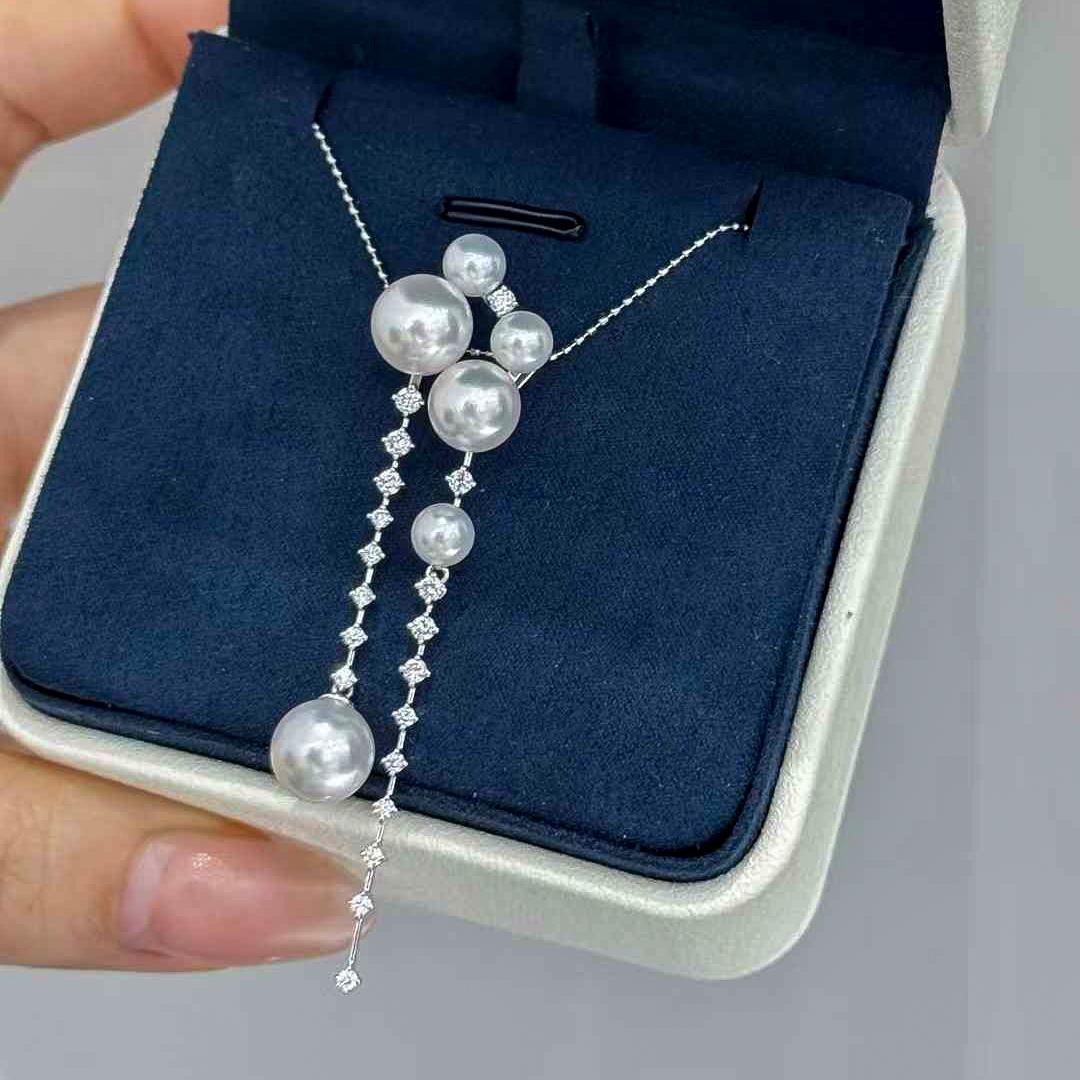 【Sculpted Geometry】Floating Pearl and Diamond Cascade Necklace Neuf - En vente à New York, NY