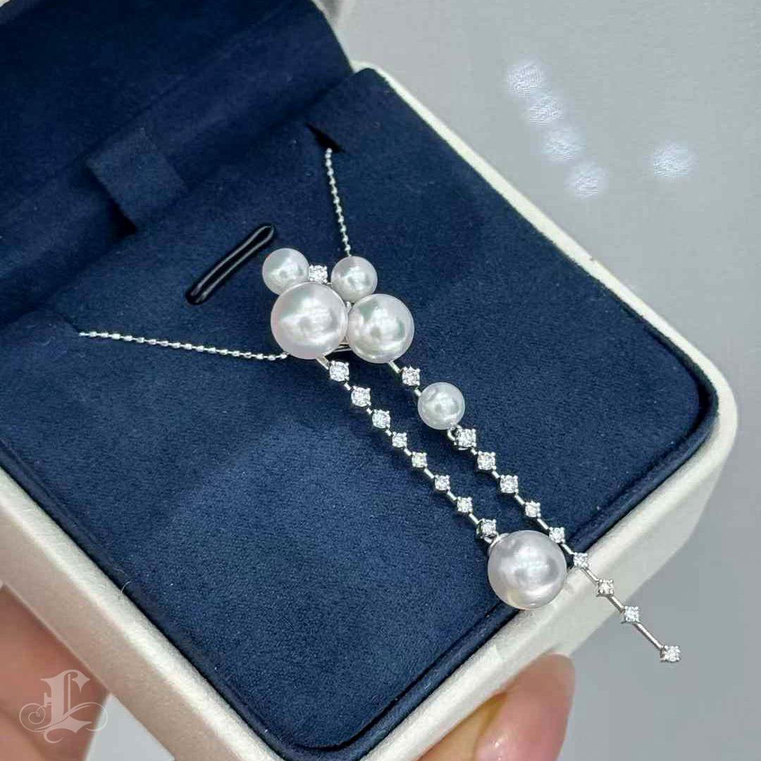 【Sculpted Geometry】Floating Pearl and Diamond Cascade Necklace en vente 2