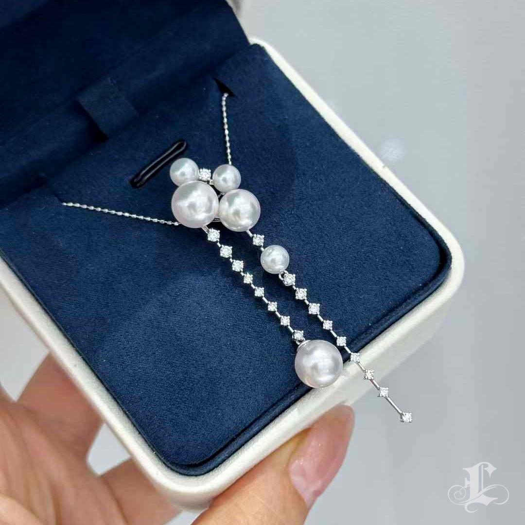 【Sculpted Geometry】Floating Pearl and Diamond Cascade Necklace en vente 3
