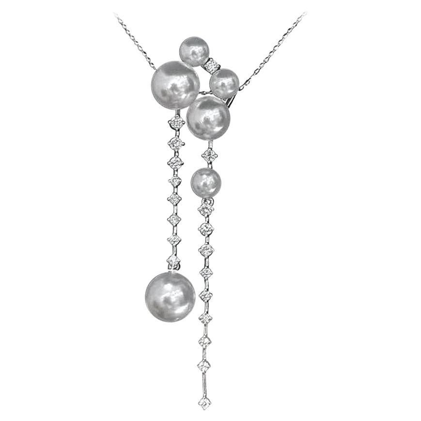 【Sculpted Geometry】Floating Pearl and Diamond Cascade Necklace en vente