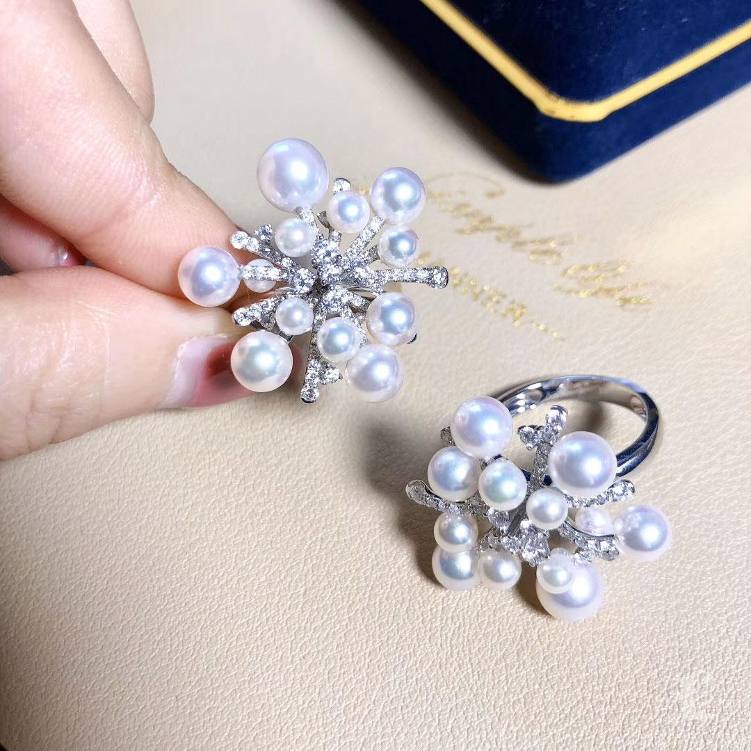 【Geometria Silenziosa】 Anello con perle Akoya e diamanti a forma di fuoco d'artificio in vendita 5