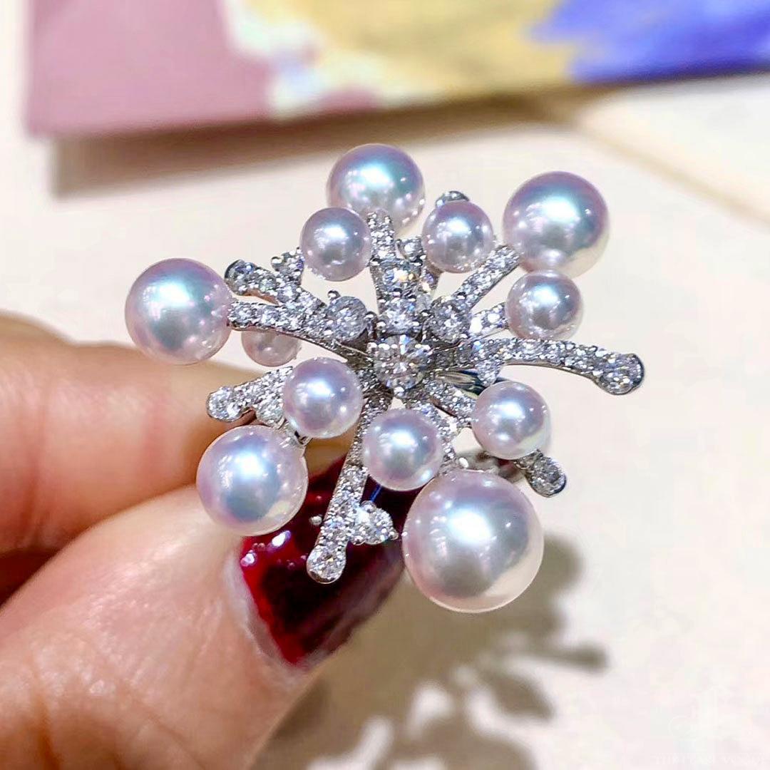 Donna 【Geometria Silenziosa】 Anello con perle Akoya e diamanti a forma di fuoco d'artificio in vendita