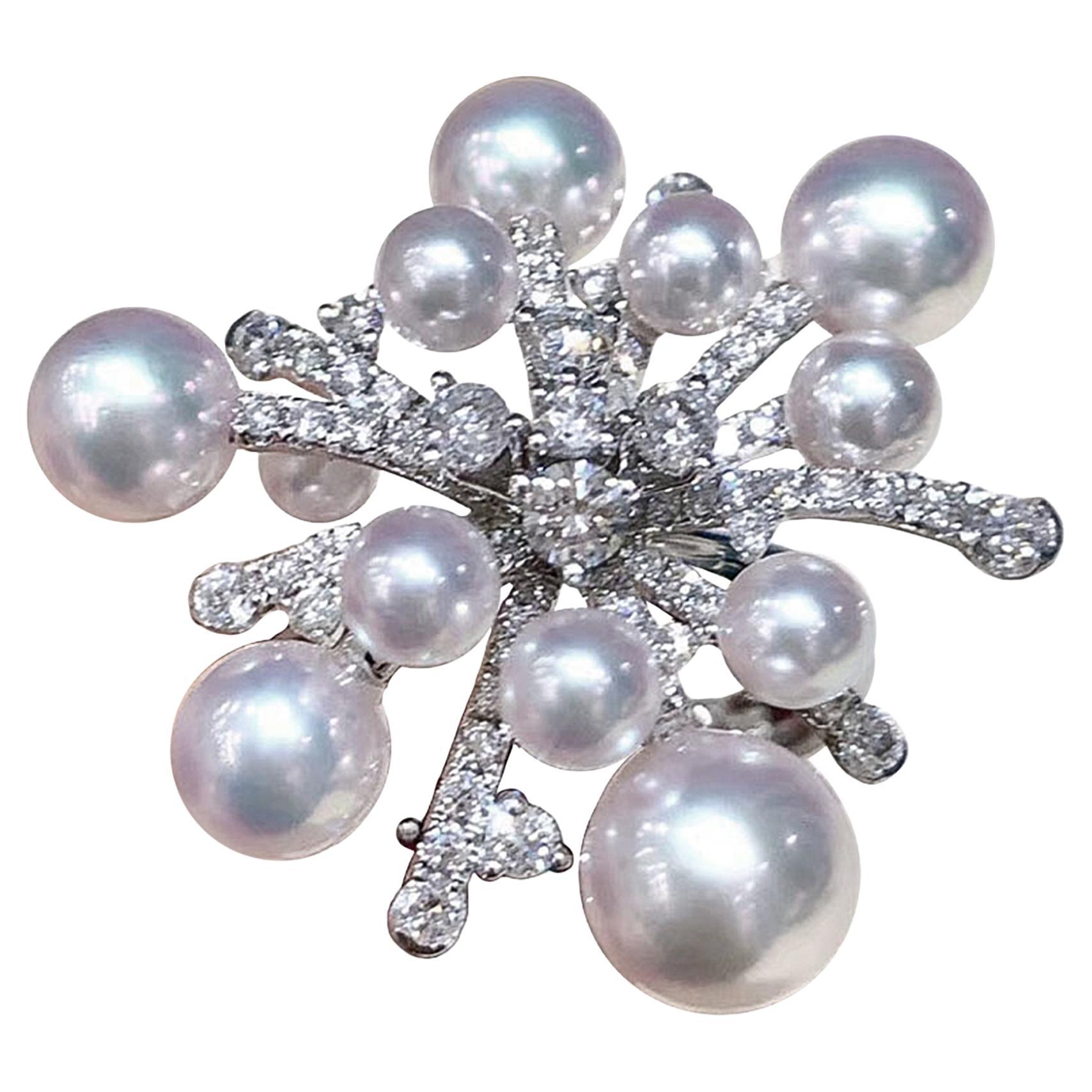 【Geometria Silenziosa】 Anello con perle Akoya e diamanti a forma di fuoco d'artificio in vendita