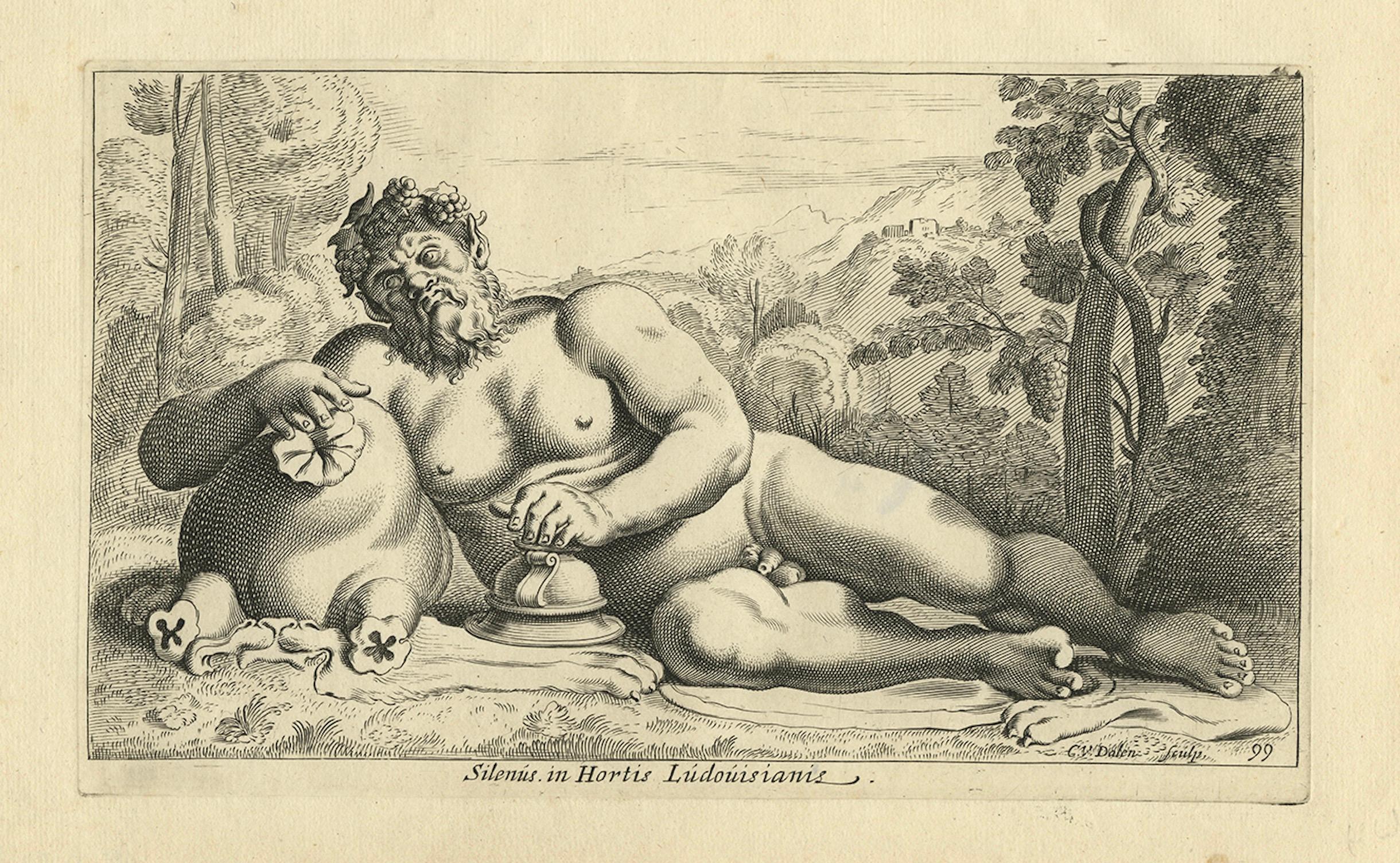 Silenus in den Gärten Ludwigs XIII. - Antiker mythologischer Kupferstich, um 1640

Schöner Kupferstich aus dem 17. Jahrhundert mit dem Titel Silenus in Hortis Ludovisianis (