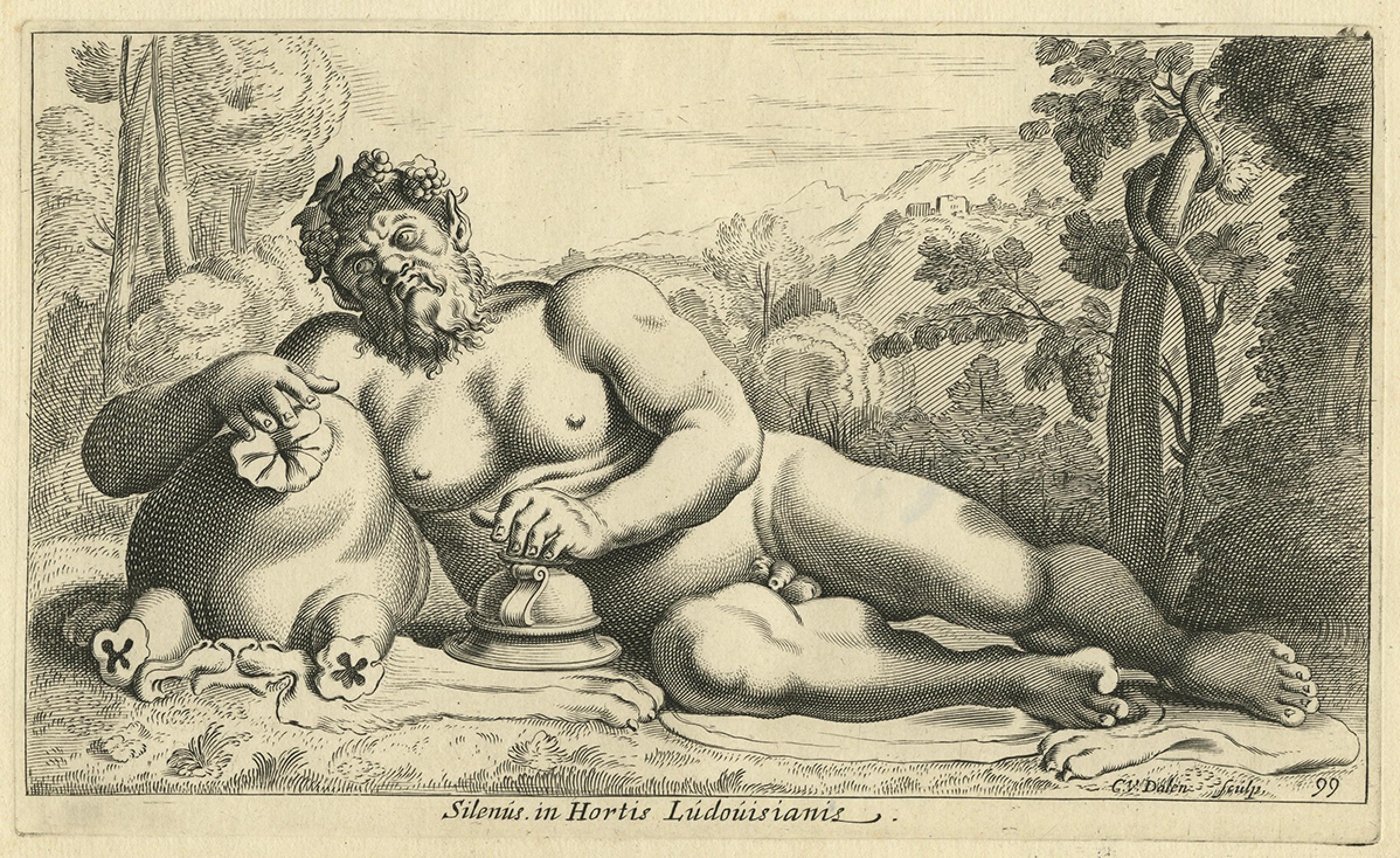 Silenus in den Gärten Ludwigs XIII. - Antiker mythologischer Kupferstich, um 1640 (Niederländisch) im Angebot