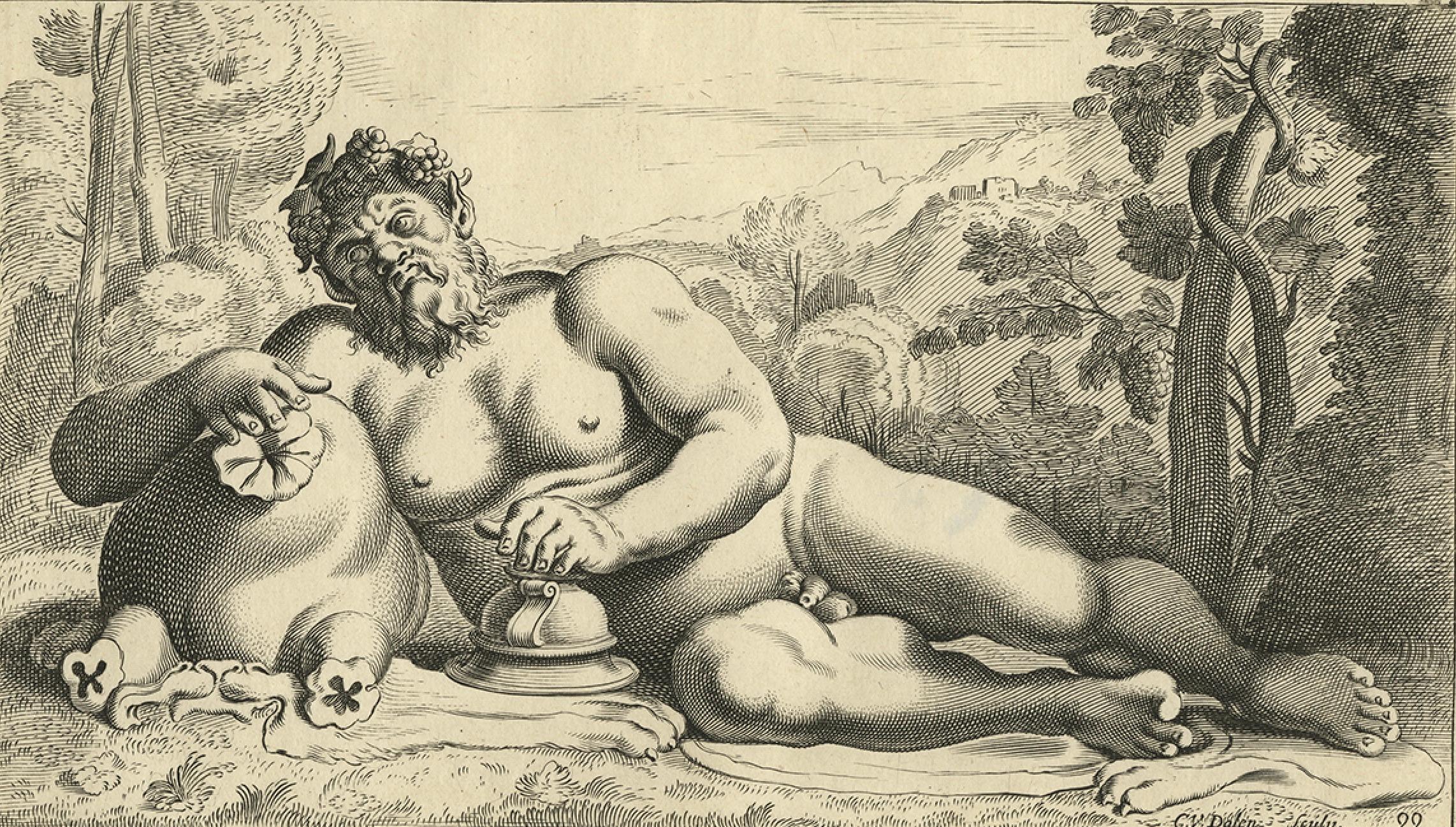 Silenus in den Gärten Ludwigs XIII. - Antiker mythologischer Kupferstich, um 1640 (Graviert) im Angebot