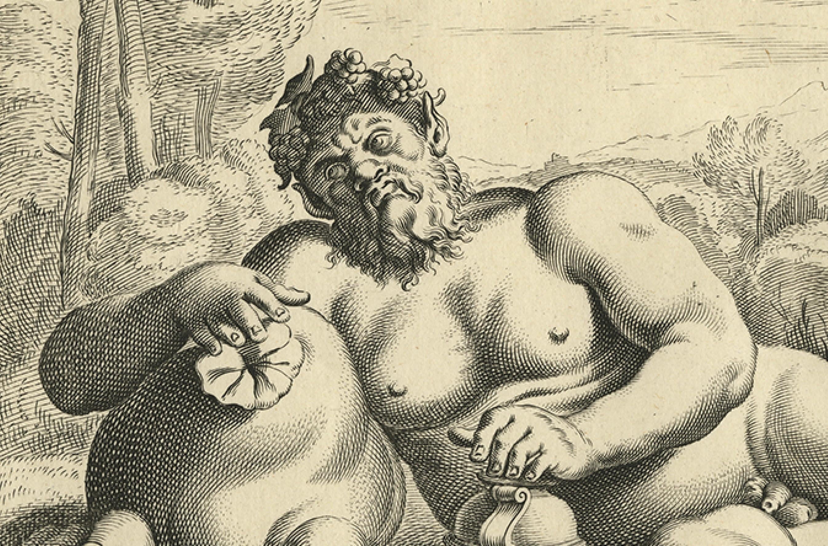 Silenus in den Gärten Ludwigs XIII. - Antiker mythologischer Kupferstich, um 1640 im Zustand „Gut“ im Angebot in Langweer, NL