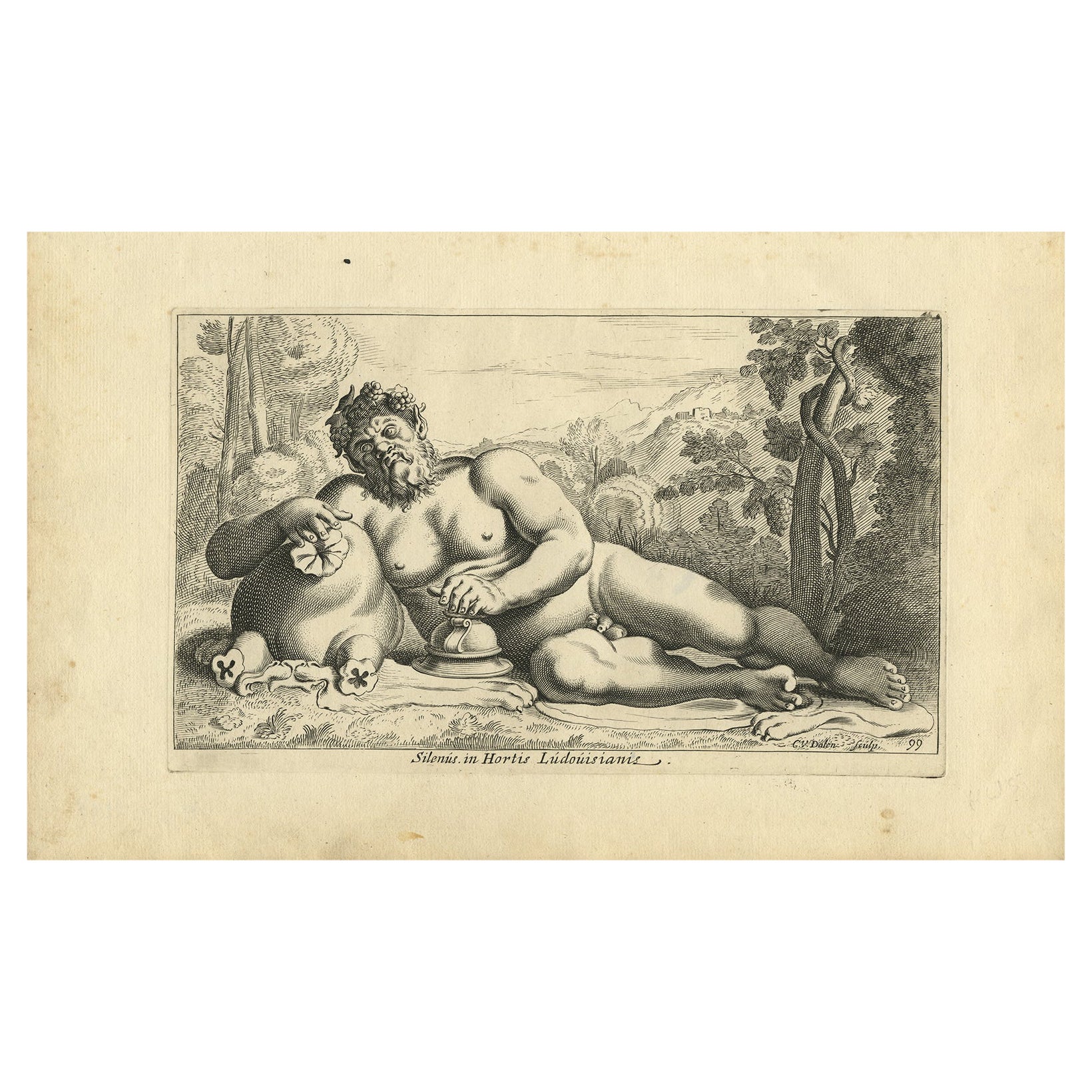 Silenus in den Gärten Ludwigs XIII. - Antiker mythologischer Kupferstich, um 1640