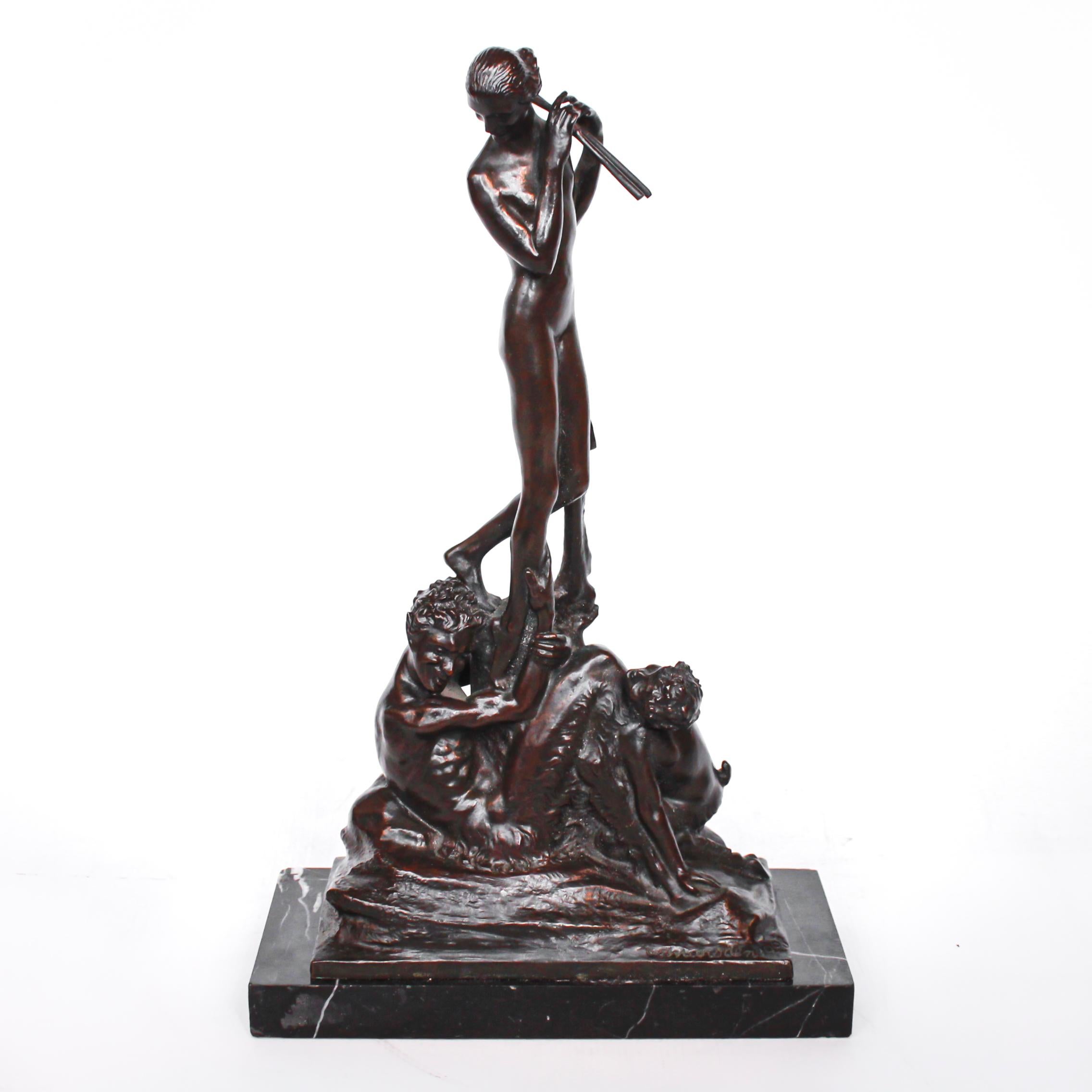 Silenus
A Bronze sculpture by Walter Marsden (1882 - 1969) depicting Syrinx, Pan and Silenus. 

Signed W. Marsden 1928 

In the long, Victorian narrative poem by Thomas Woolner titled 'Silenus' the nymph Syrinx, becomes the lover of Silenus,
