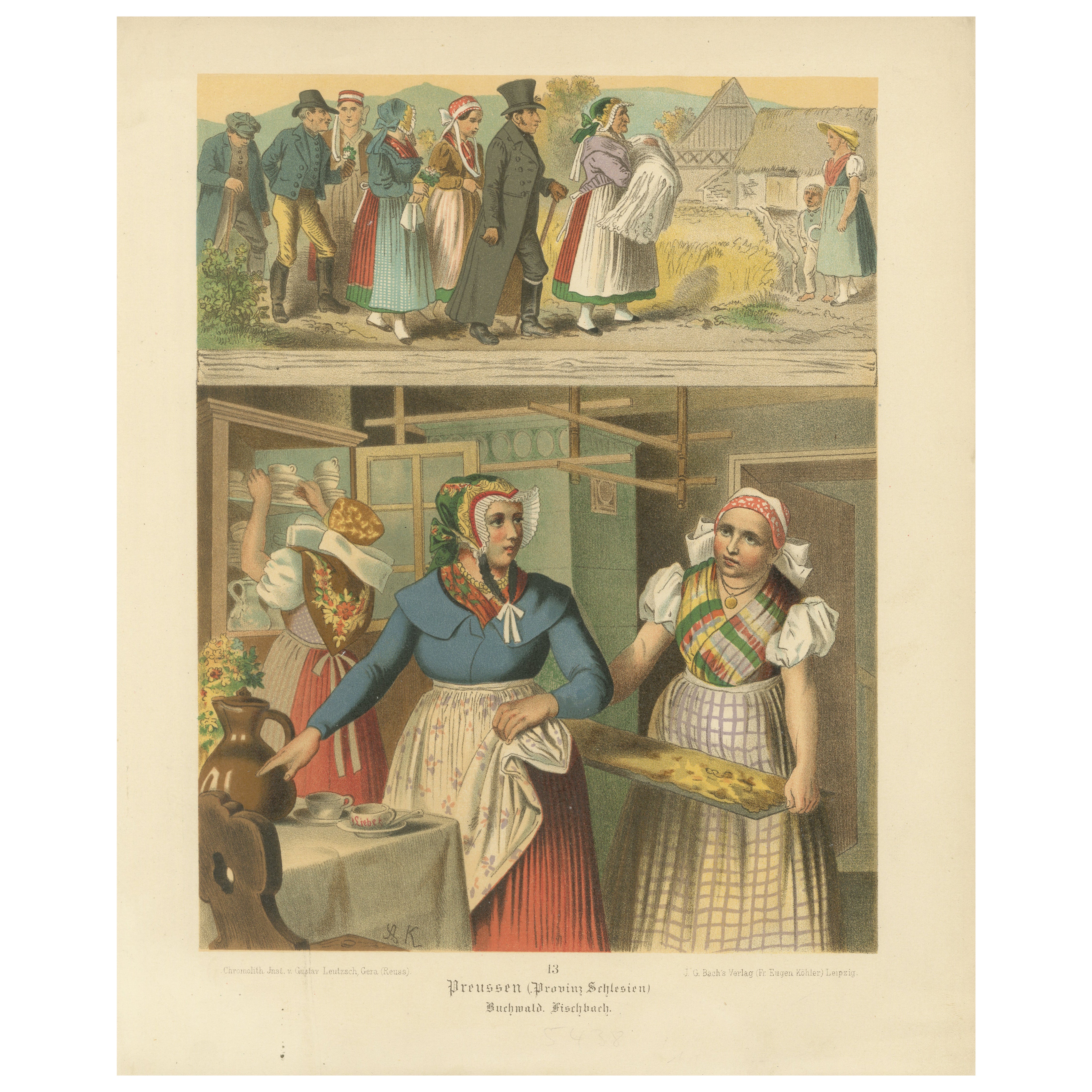 Schlesische Volkstrachtenszene, Preußen, Buchwald 
Fischbach, um 1875 im Angebot