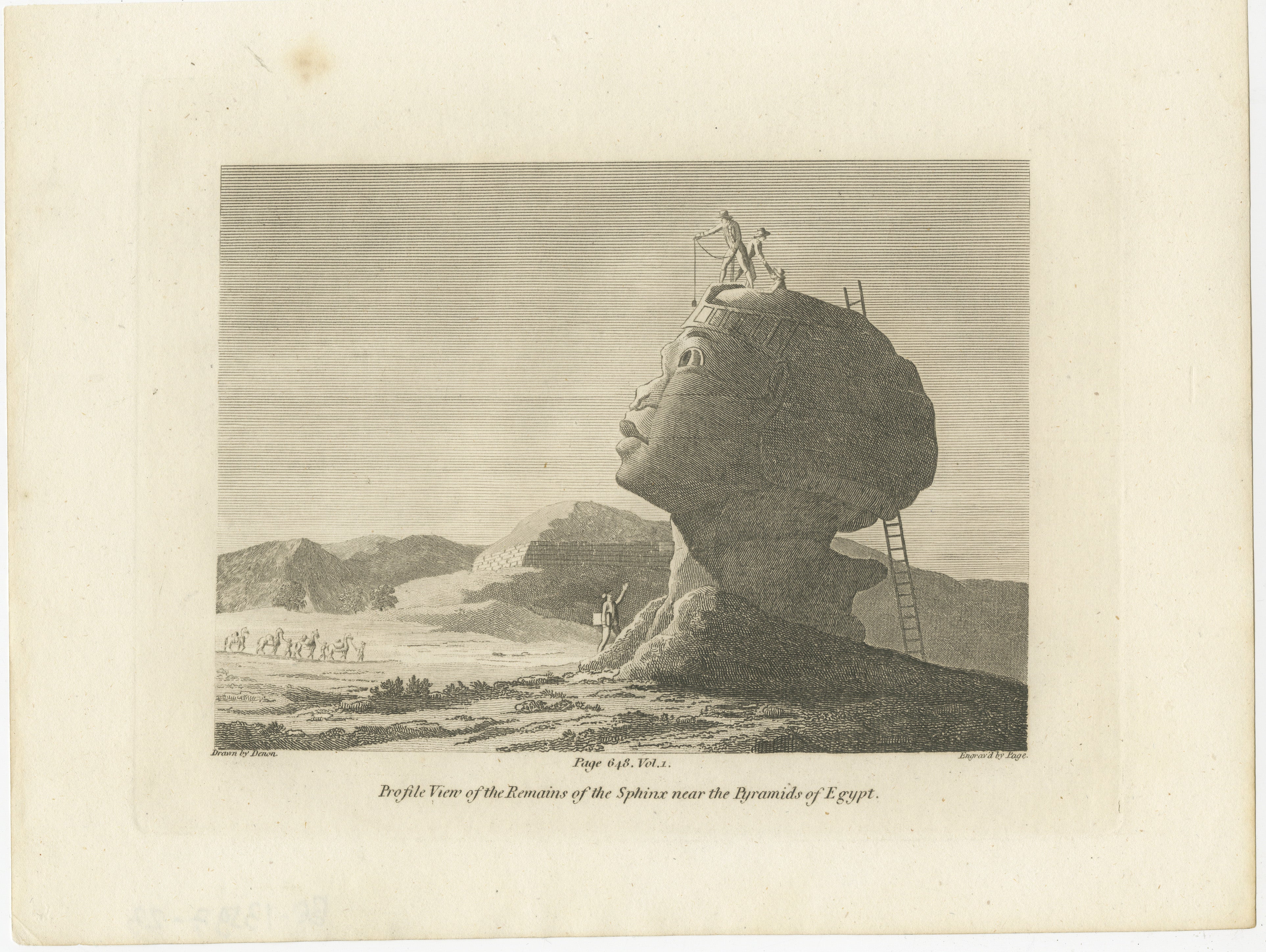 This engraving presents a profile view of the Sphinx, capturing its grandeur alongside the Pyramids of Giza in Egypt. It is a testament to the ancient civilization's architectural prowess and has intrigued explorers, historians, and travelers for