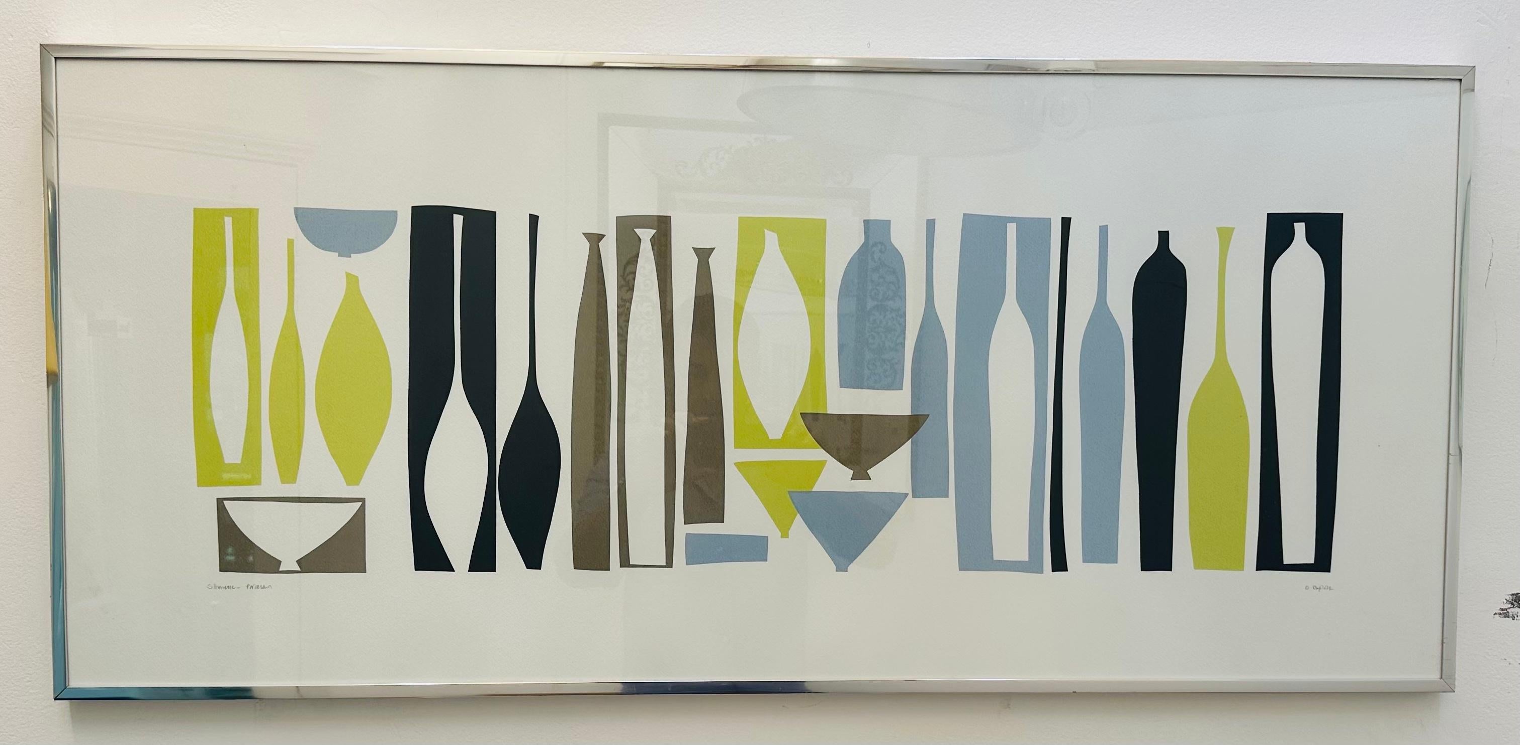 A signed silkscreen print named Silhouette by Denise Duplock.  On the left it's signed with the name of the piece and on the right the artist's signature - D. Duplock. The piece shows the 