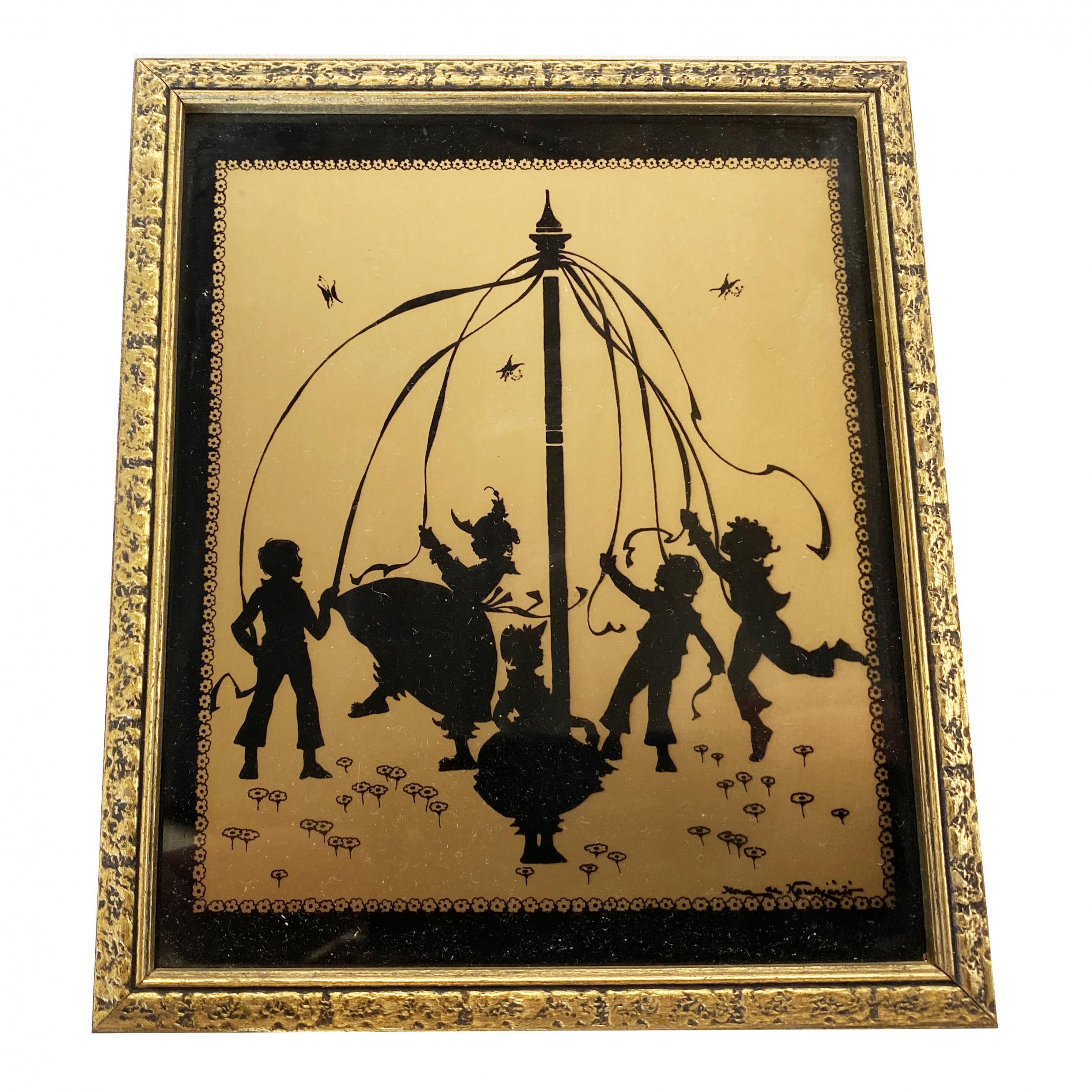 Each piece of art features a scene of young nudists dancing around a mayflower pole.

Framed 5.5