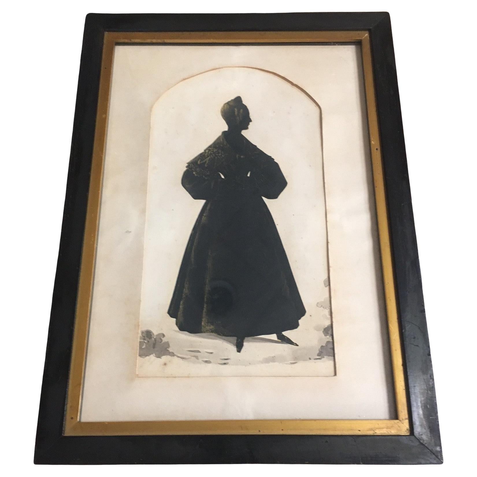 Silueta de mujer joven con sombreado inusual Peinado y vestido de la década de 1830