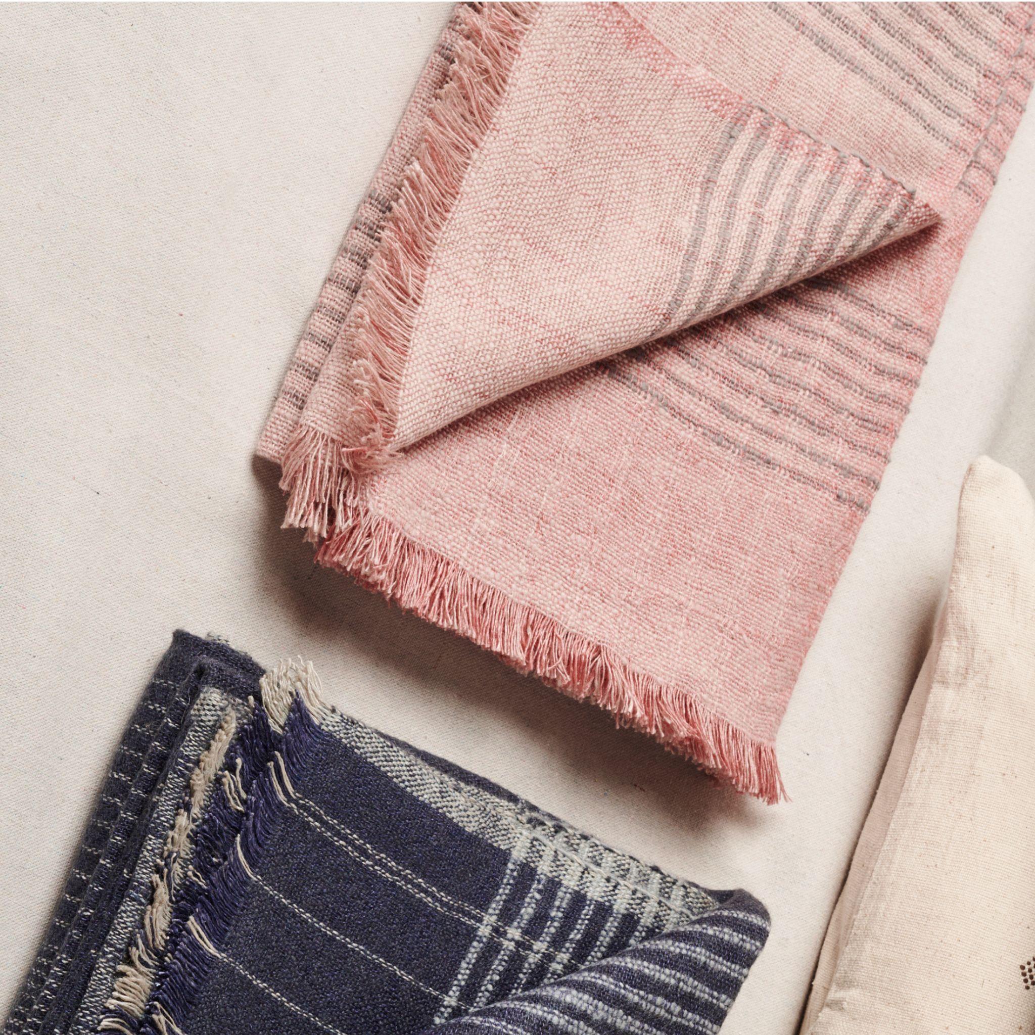 Silica Rose In Shades of Salmon Gray Stripes Pattern Soft Handwoven Merino Throw For Sale 2