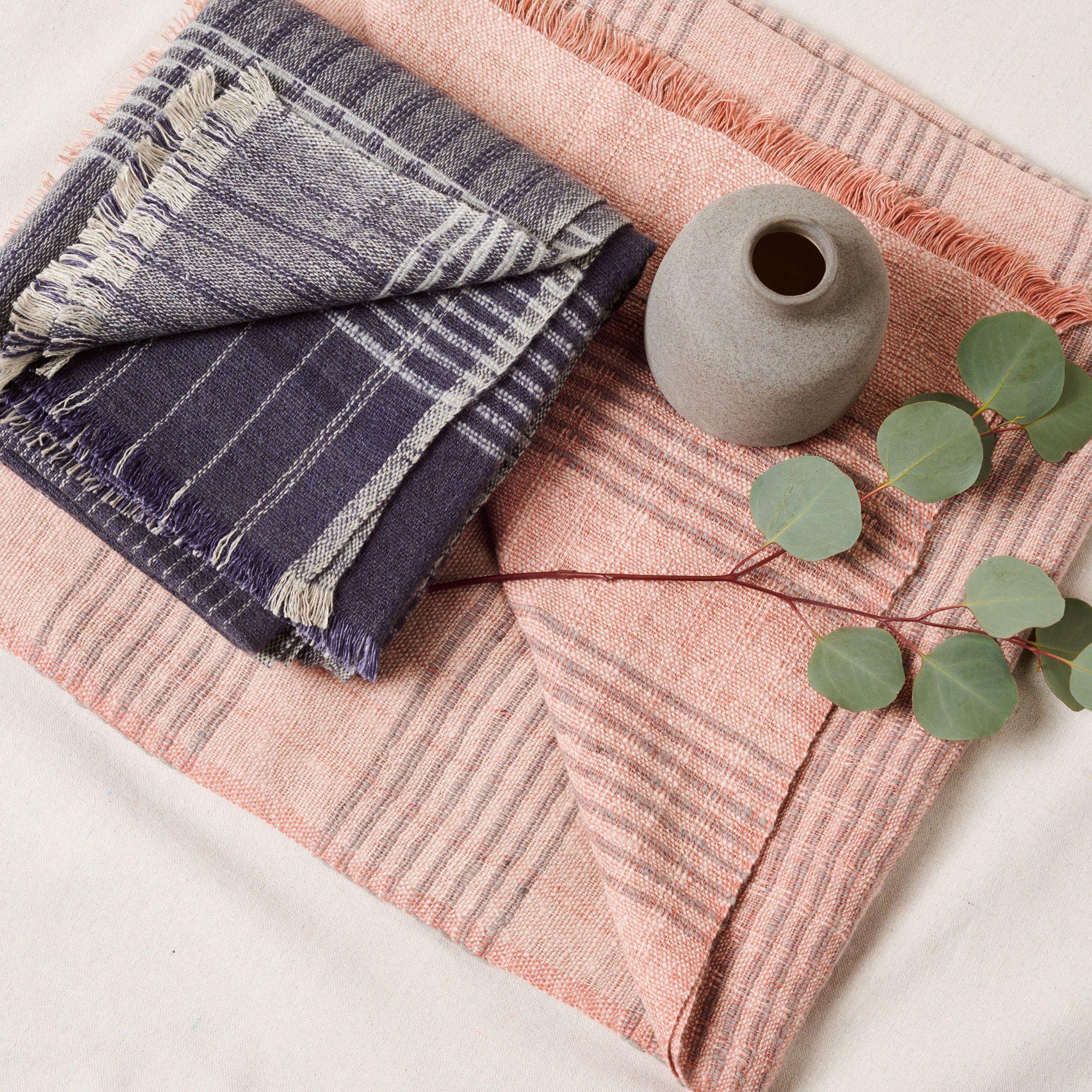 Silica Rose In Shades of Salmon Gray Stripes Pattern Soft Handwoven Merino Throw For Sale 3