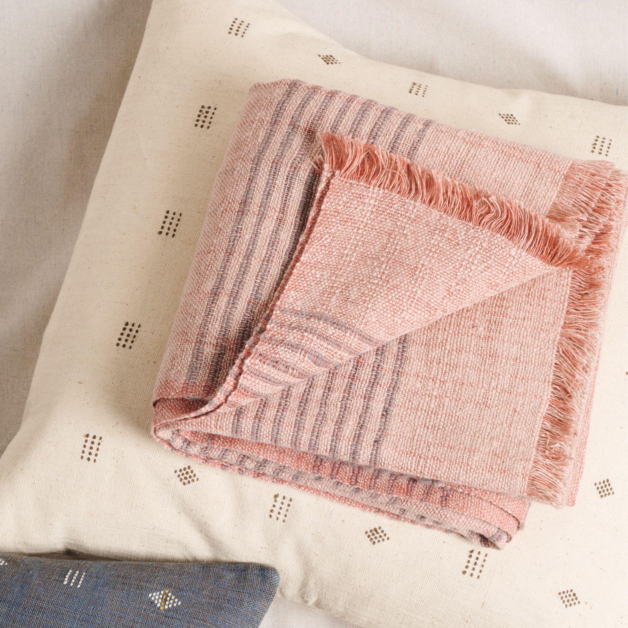 Silica Rose In Shades of Salmon Gray Stripes Pattern Soft Handwoven Merino Throw For Sale 5