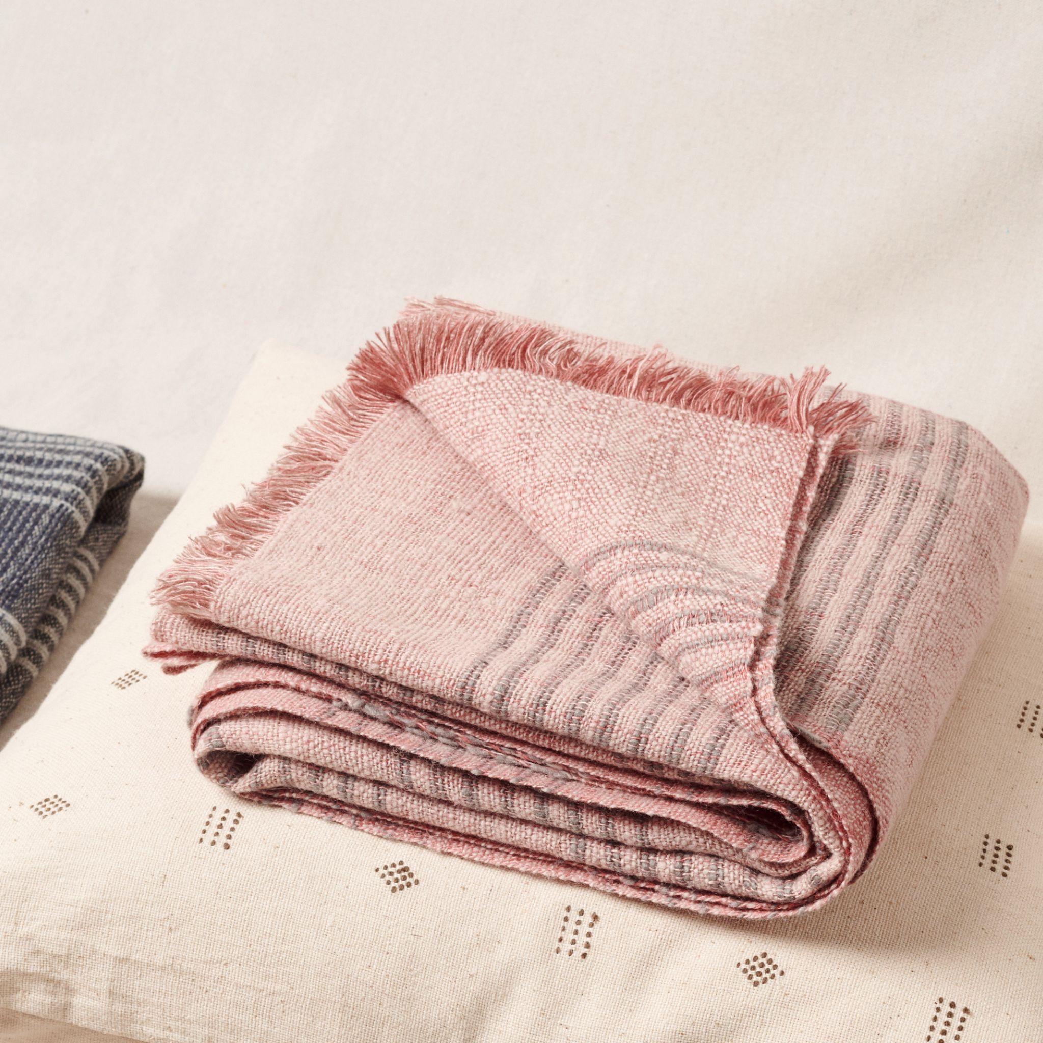 Silica Rose In Shades of Salmon Gray Stripes Pattern Soft Handwoven Merino Throw For Sale 6