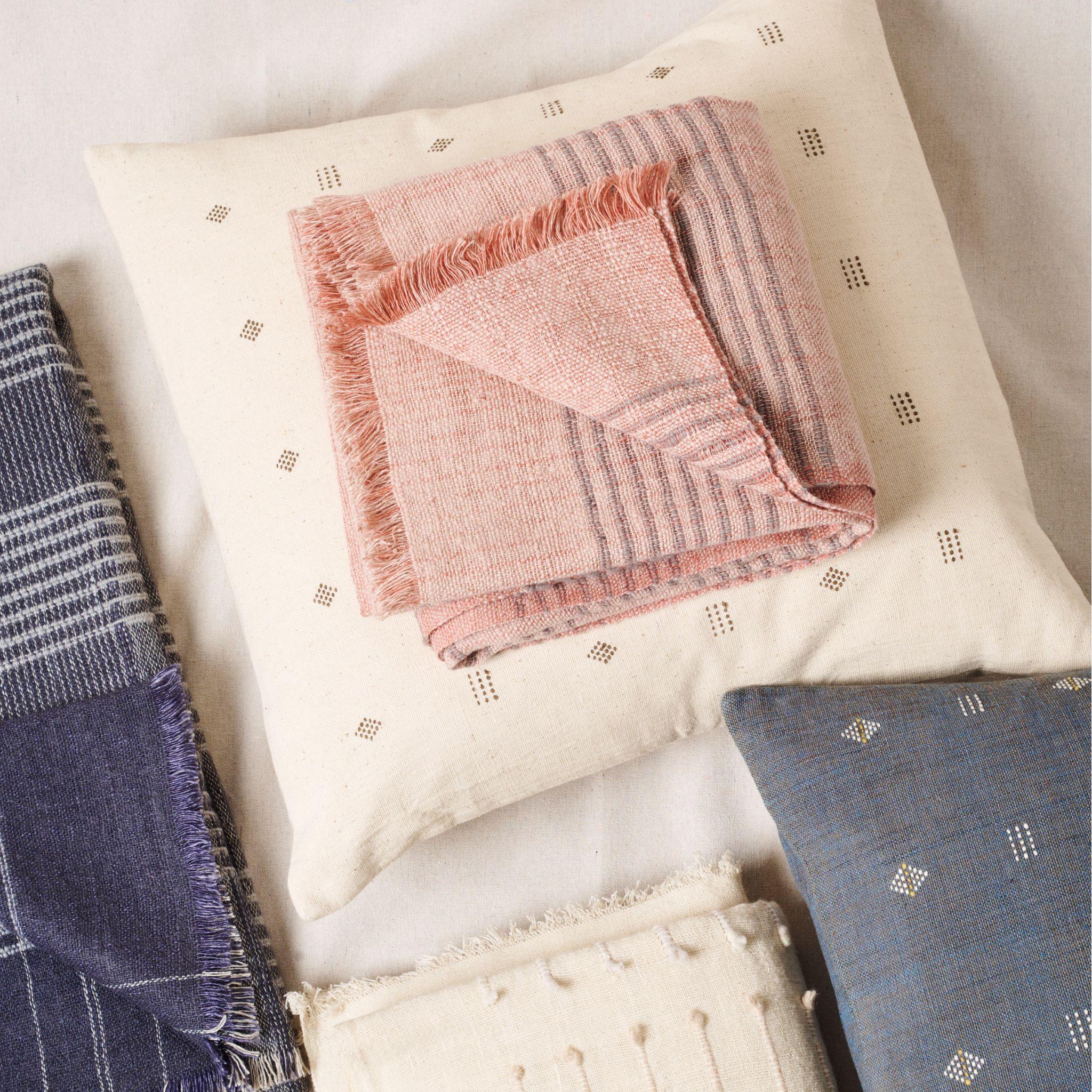 Silica Rose In Shades of Salmon Gray Stripes Pattern Soft Handwoven Merino Throw For Sale 9