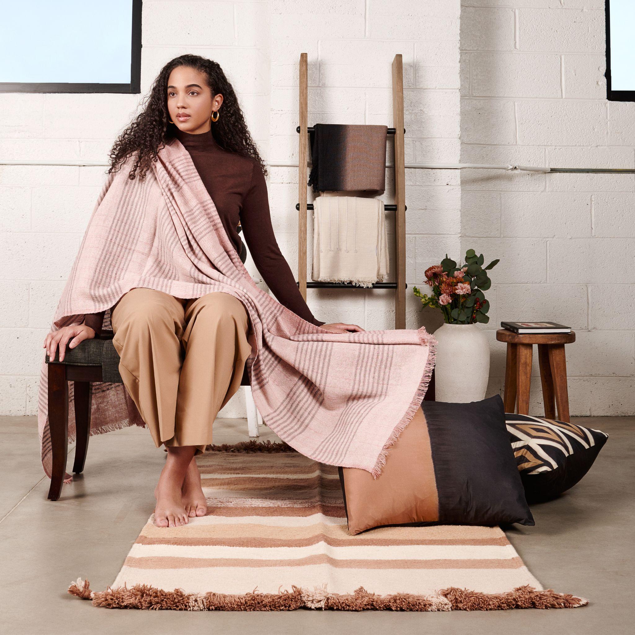 Modern Silica Rose In Shades of Salmon Gray Stripes Pattern Soft Handwoven Merino Throw For Sale