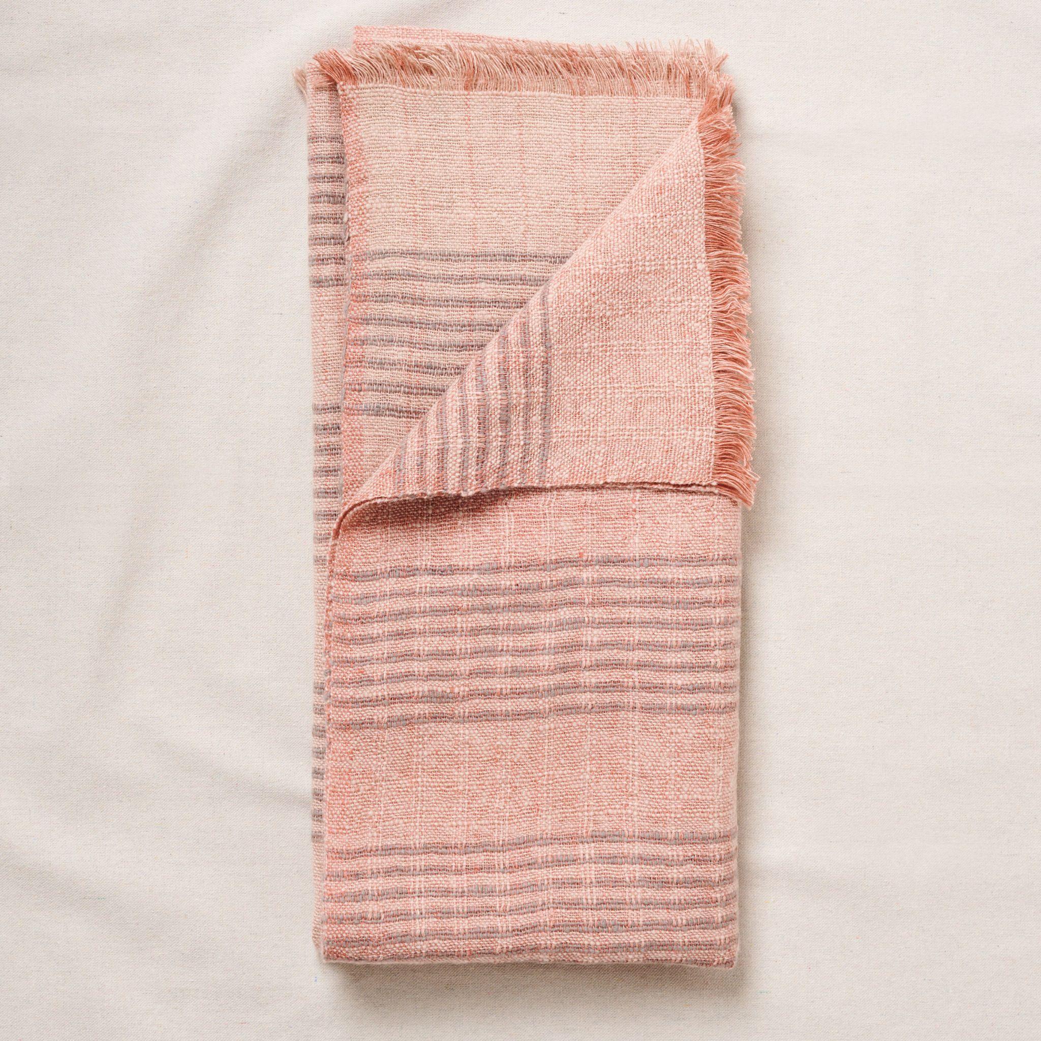 Hand-Woven Silica Rose In Shades of Salmon Gray Stripes Pattern Soft Handwoven Merino Throw For Sale