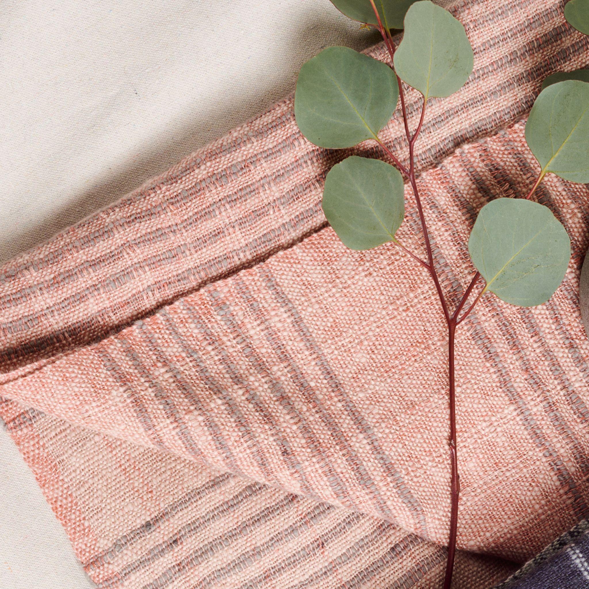 Contemporary Silica Rose In Shades of Salmon Gray Stripes Pattern Soft Handwoven Merino Throw For Sale