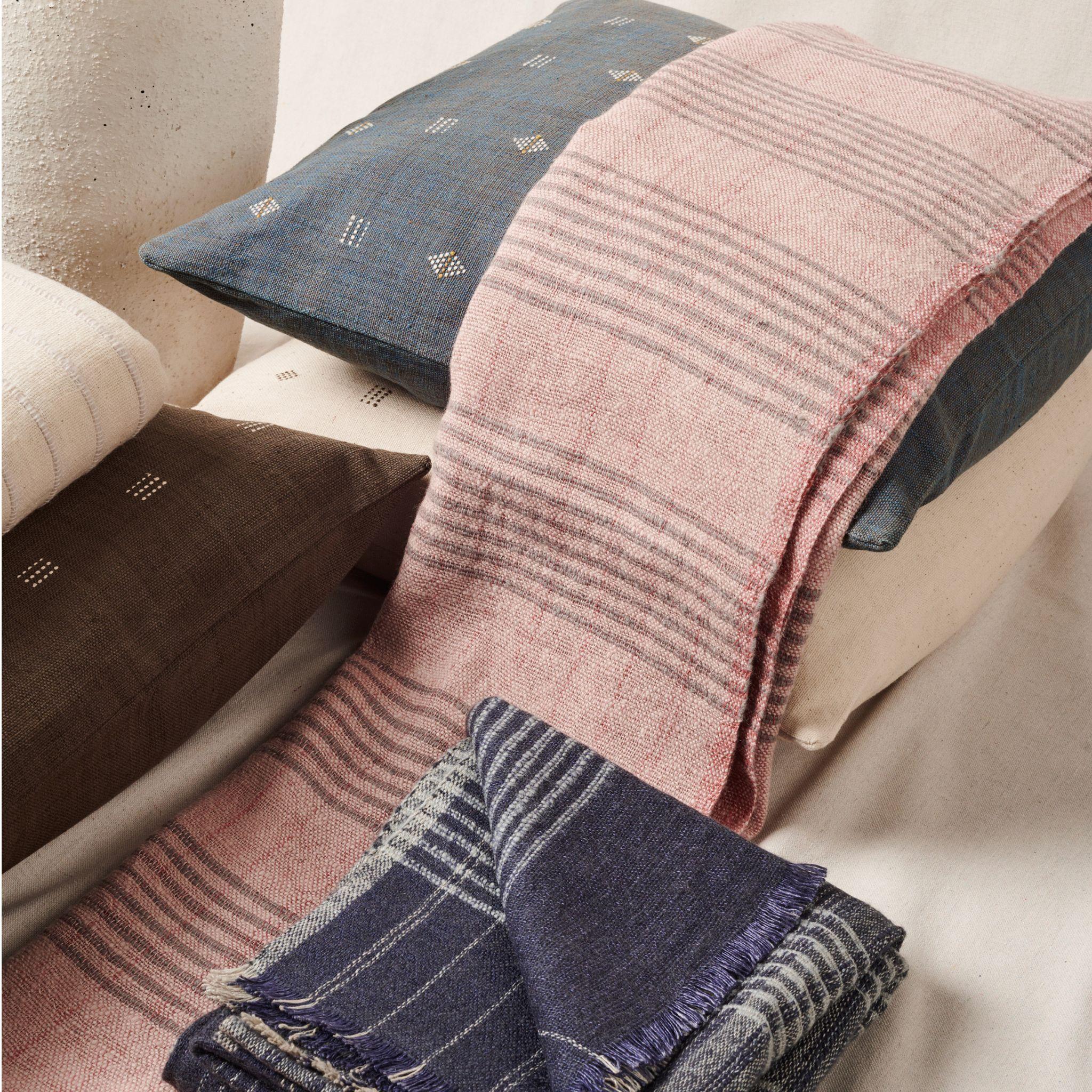 Silica Rose In Shades of Salmon Gray Stripes Pattern Soft Handwoven Merino Throw For Sale 1