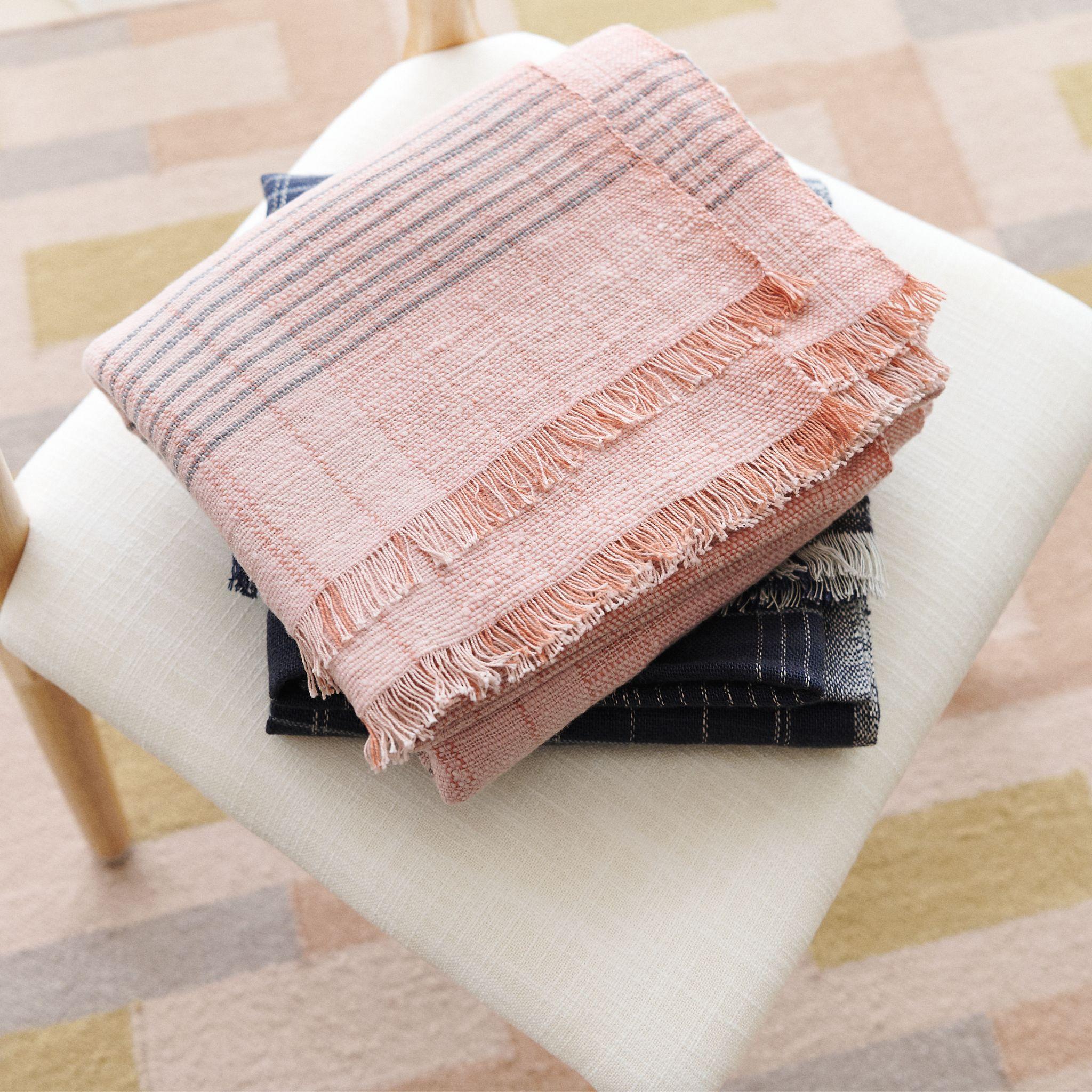 Silica Rose In Shades of Salmon Gray Stripes Pattern Soft Handwoven Merino Throw For Sale 2