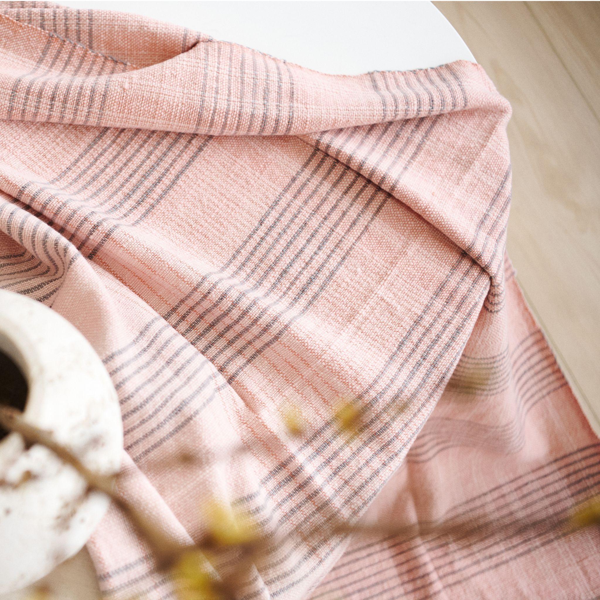 Silica Rose In Shades of Salmon Gray Stripes Pattern Soft Handwoven Merino Throw For Sale 3