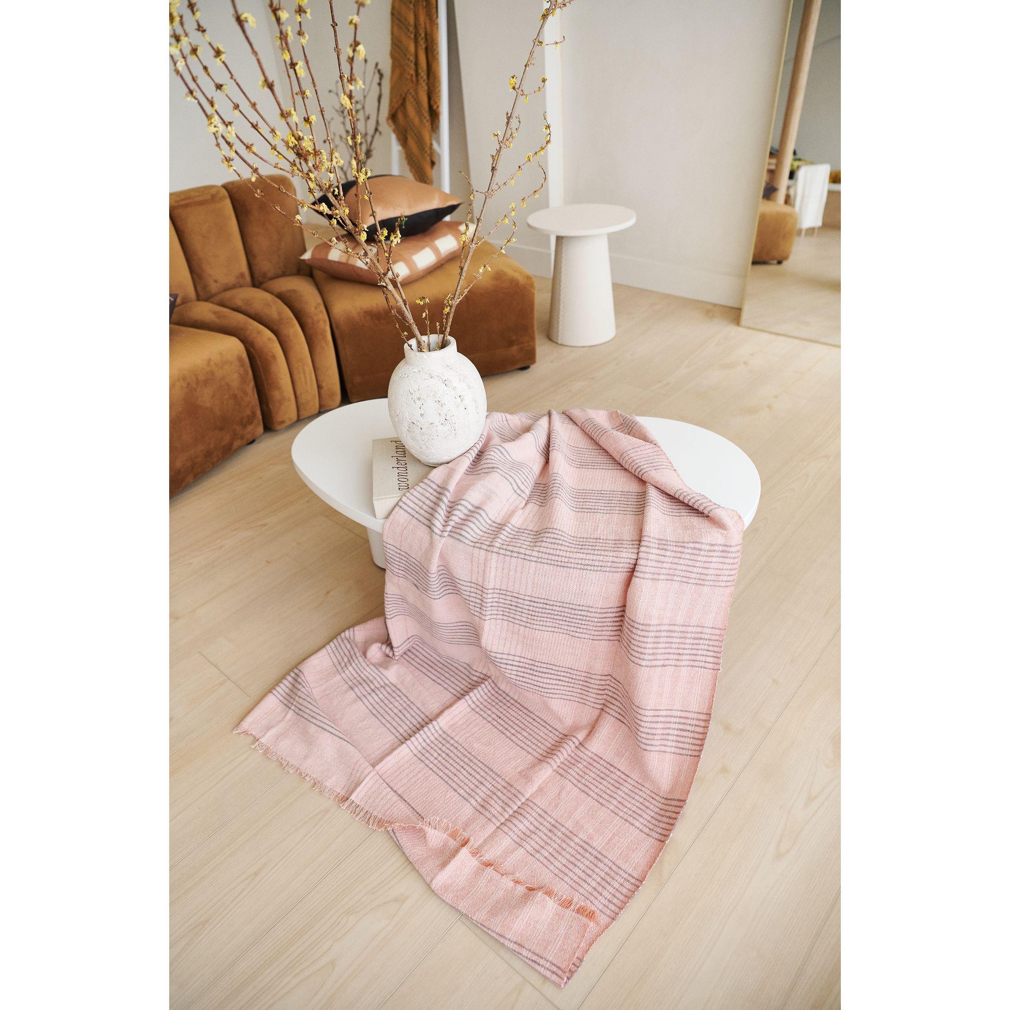 Silica Rose In Shades of Salmon Gray Stripes Pattern Soft Handwoven Merino Throw For Sale 4