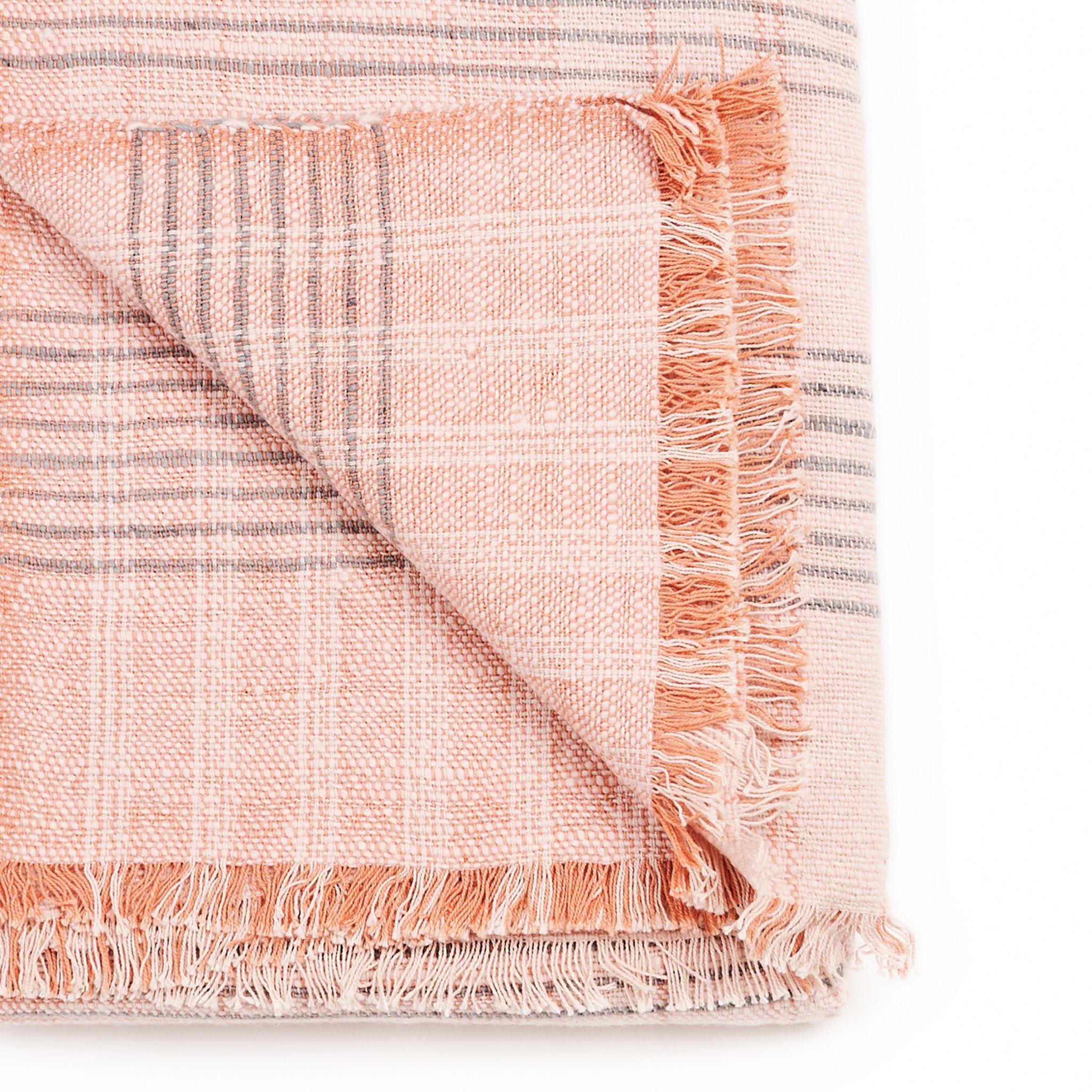 Modern Silica Rose In Shades of Salmon Gray Stripes Pattern Soft Handwoven Merino Throw For Sale