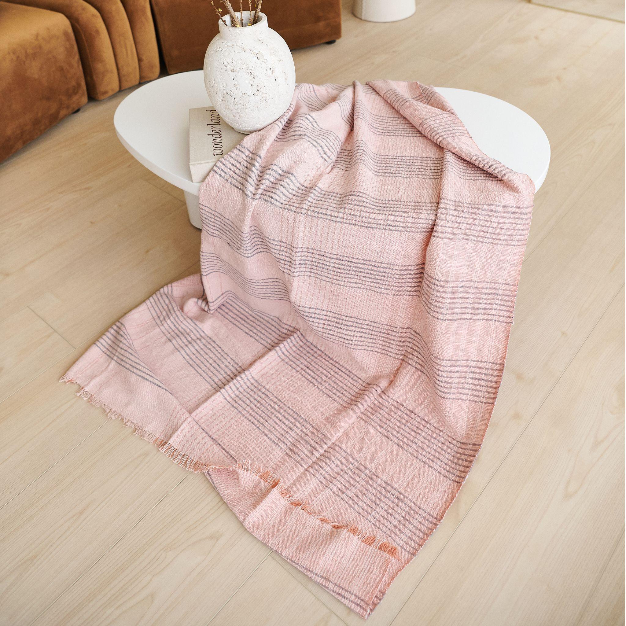 Hand-Woven Silica Rose In Shades of Salmon Gray Stripes Pattern Soft Handwoven Merino Throw For Sale
