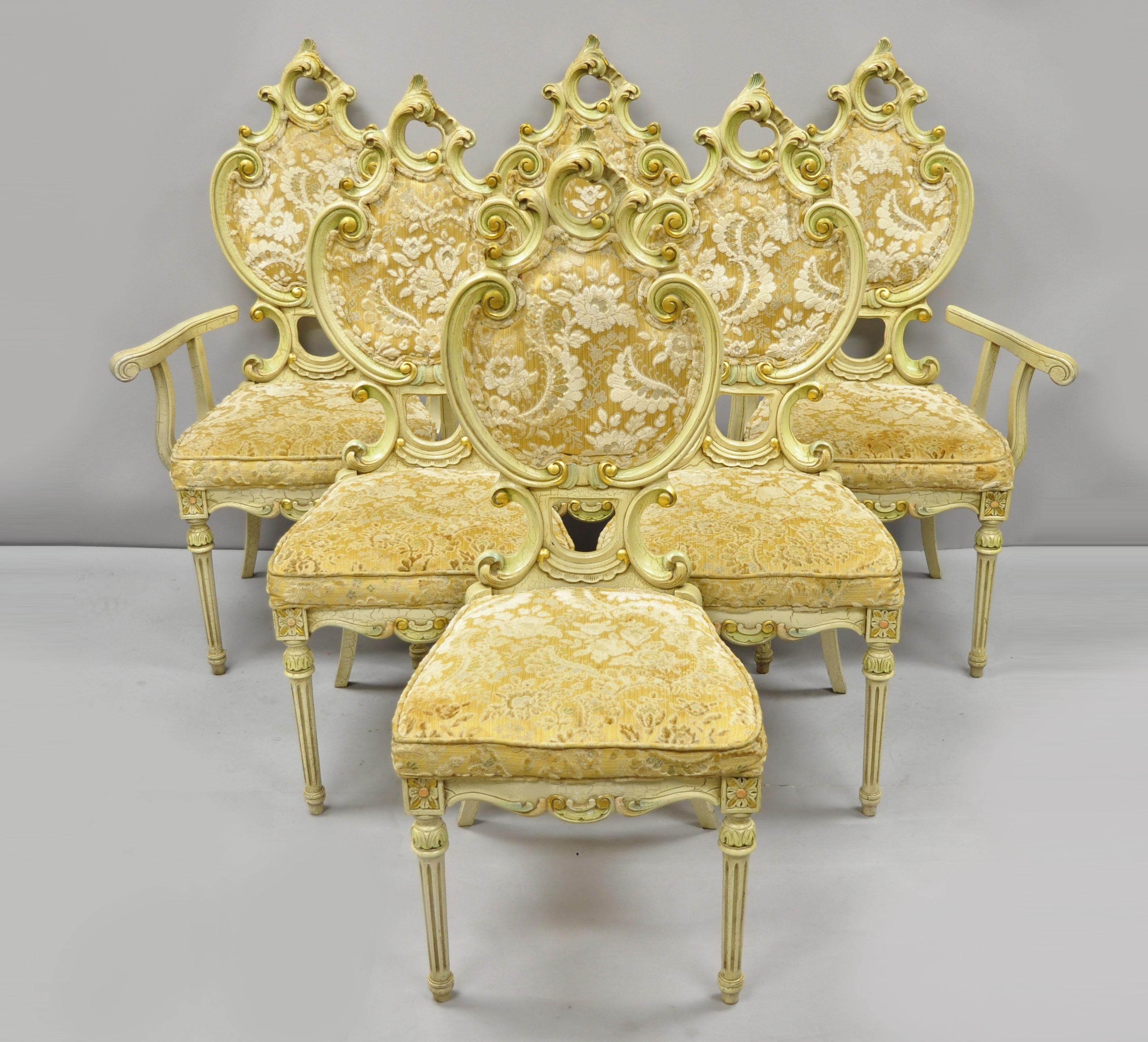 Ensemble de salle à manger baroque rococo italien 7 pièces de John Turano & Sons, de style ByCA, comprenant (2) chaises de 15 pouces, (4) chaises d'appoint, (2) chaises à bras avec dossiers peints à la main, table à piétement merveilleusement