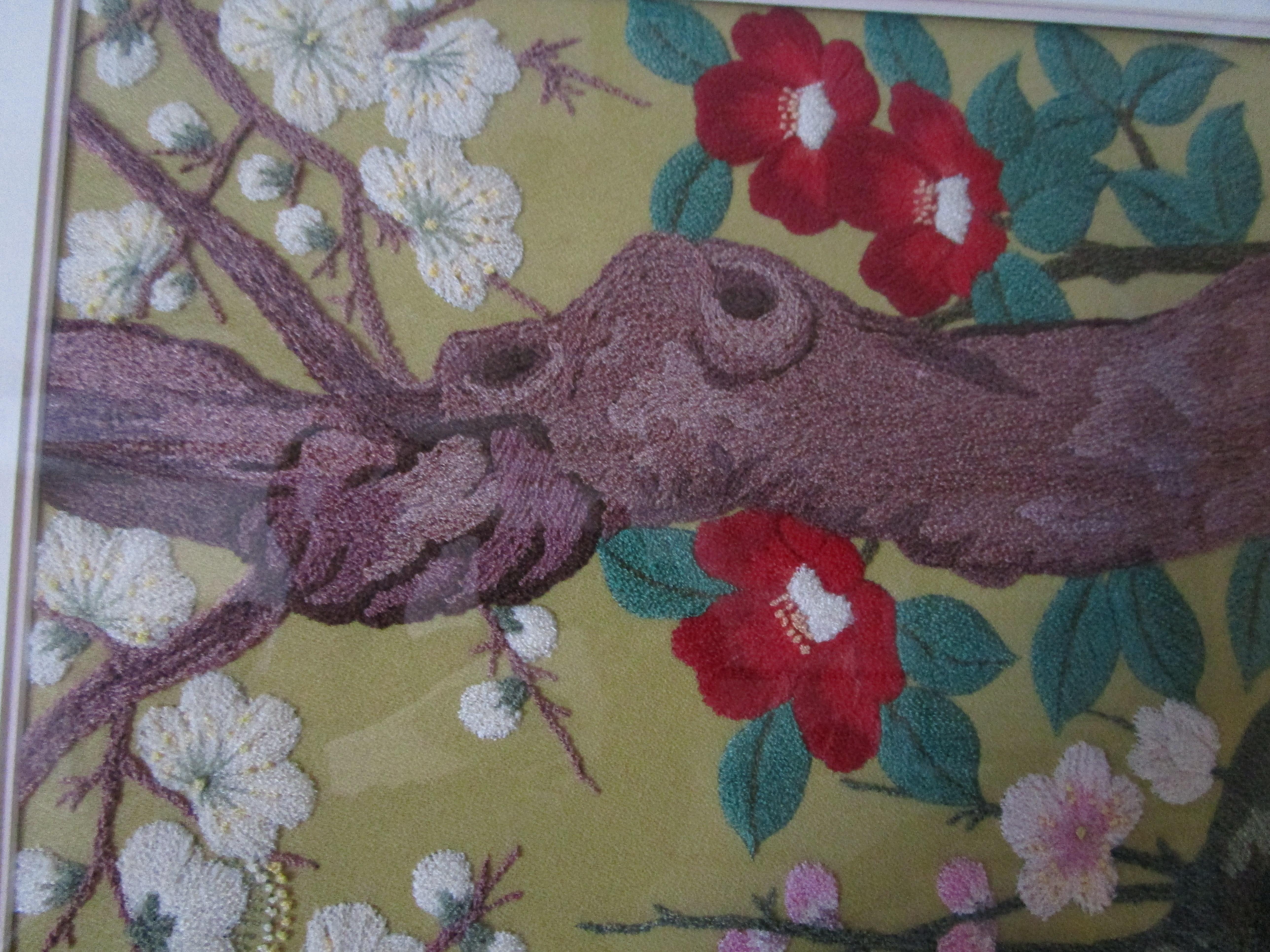 Silk 1940s Chinese Export Needlepoint with Nightingale on Branch with Blooms For Sale 6