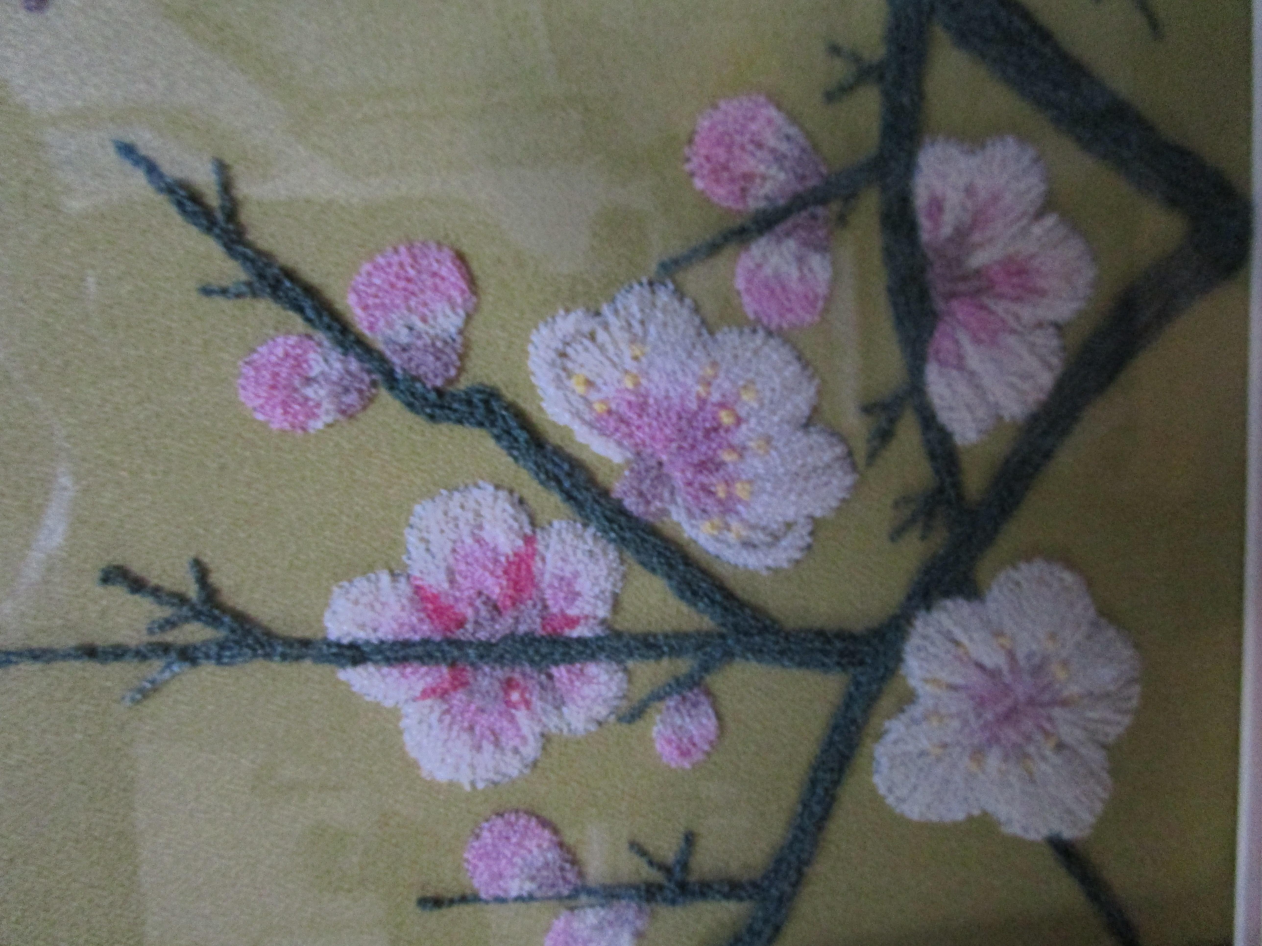 Silk 1940s Chinese Export Needlepoint with Nightingale on Branch with Blooms In Good Condition For Sale In Lomita, CA