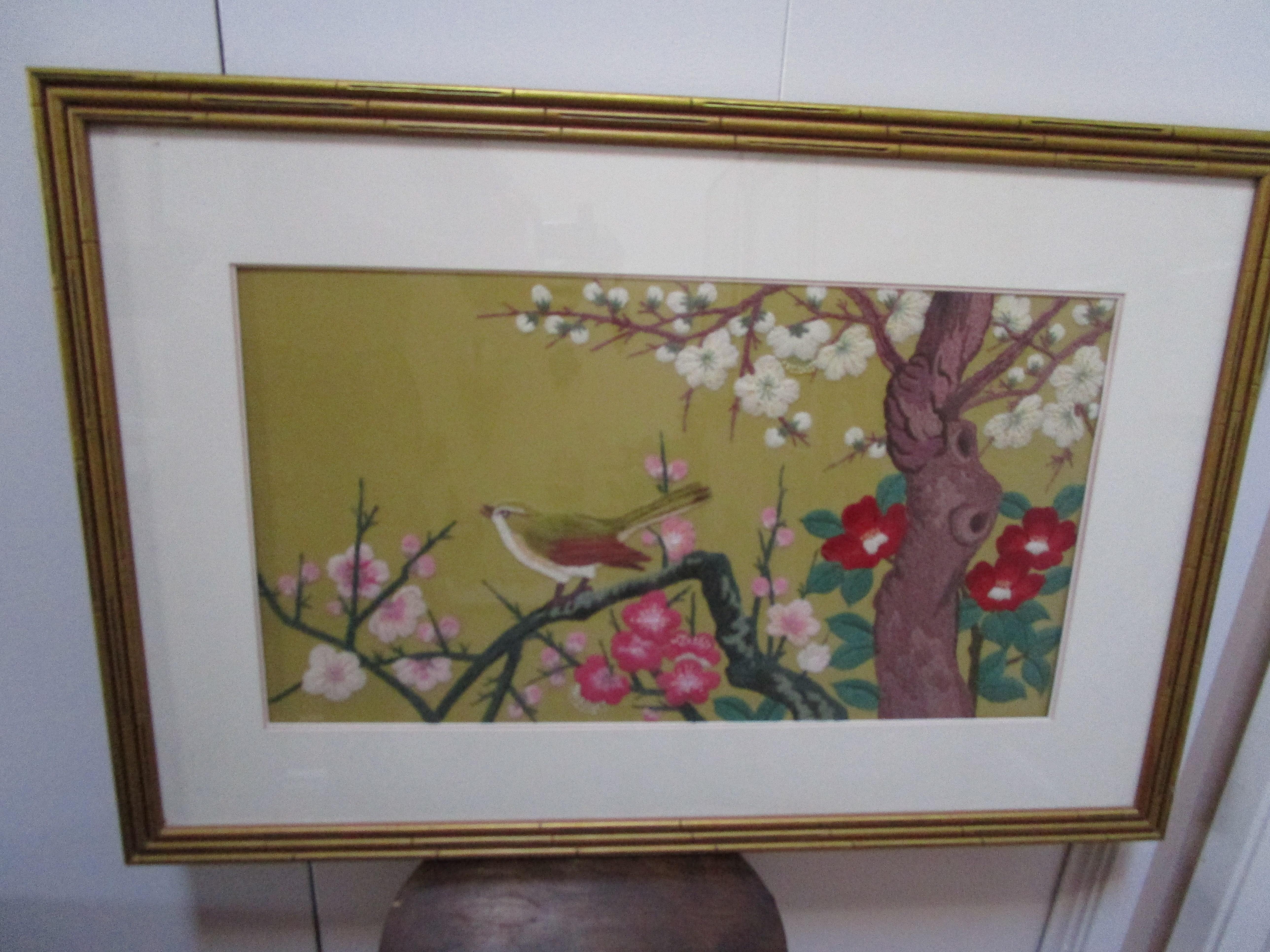 Silk 1940s Chinese Export Needlepoint with Nightingale on Branch with Blooms For Sale 1