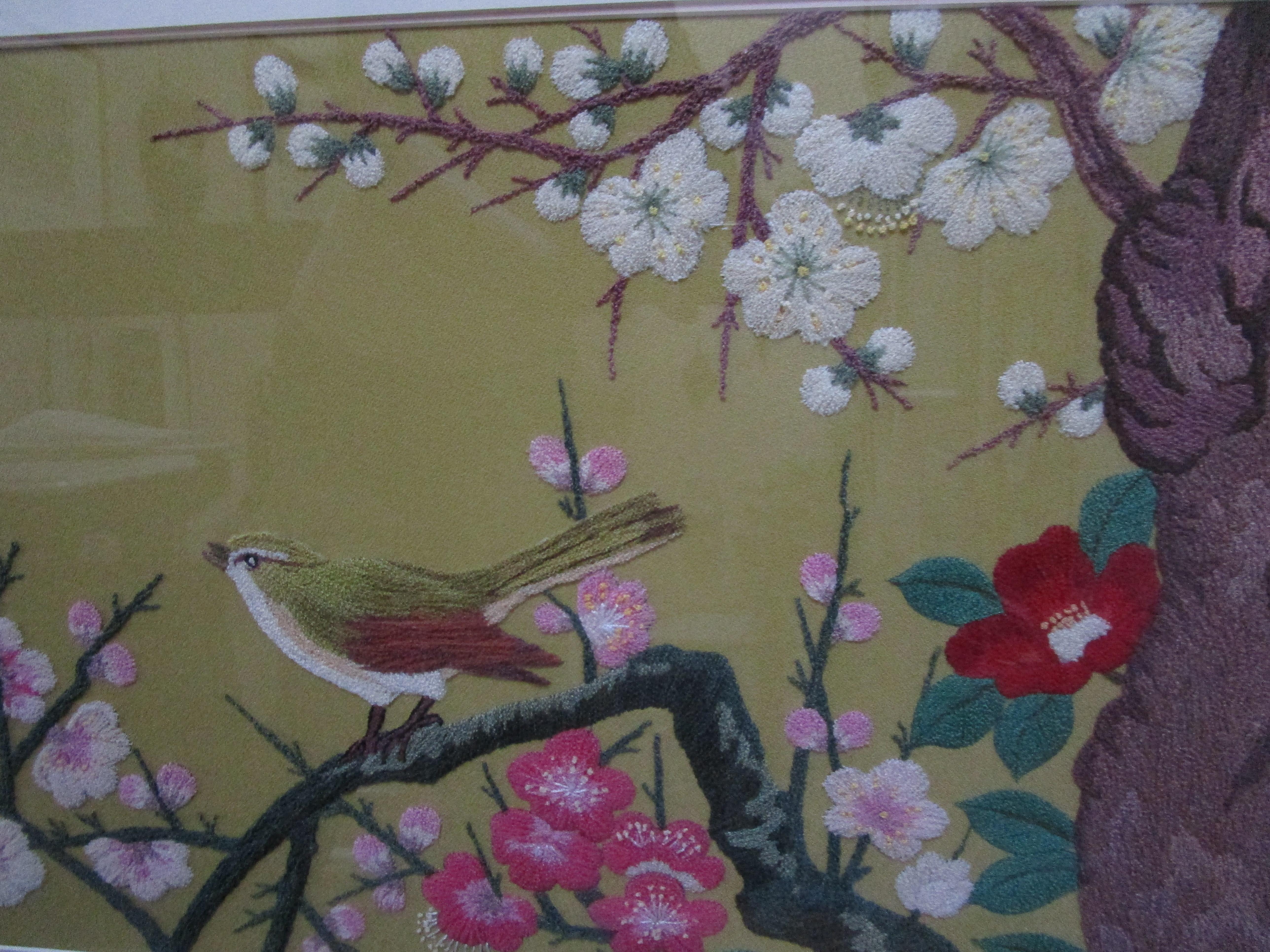 Silk 1940s Chinese Export Needlepoint with Nightingale on Branch with Blooms For Sale 2