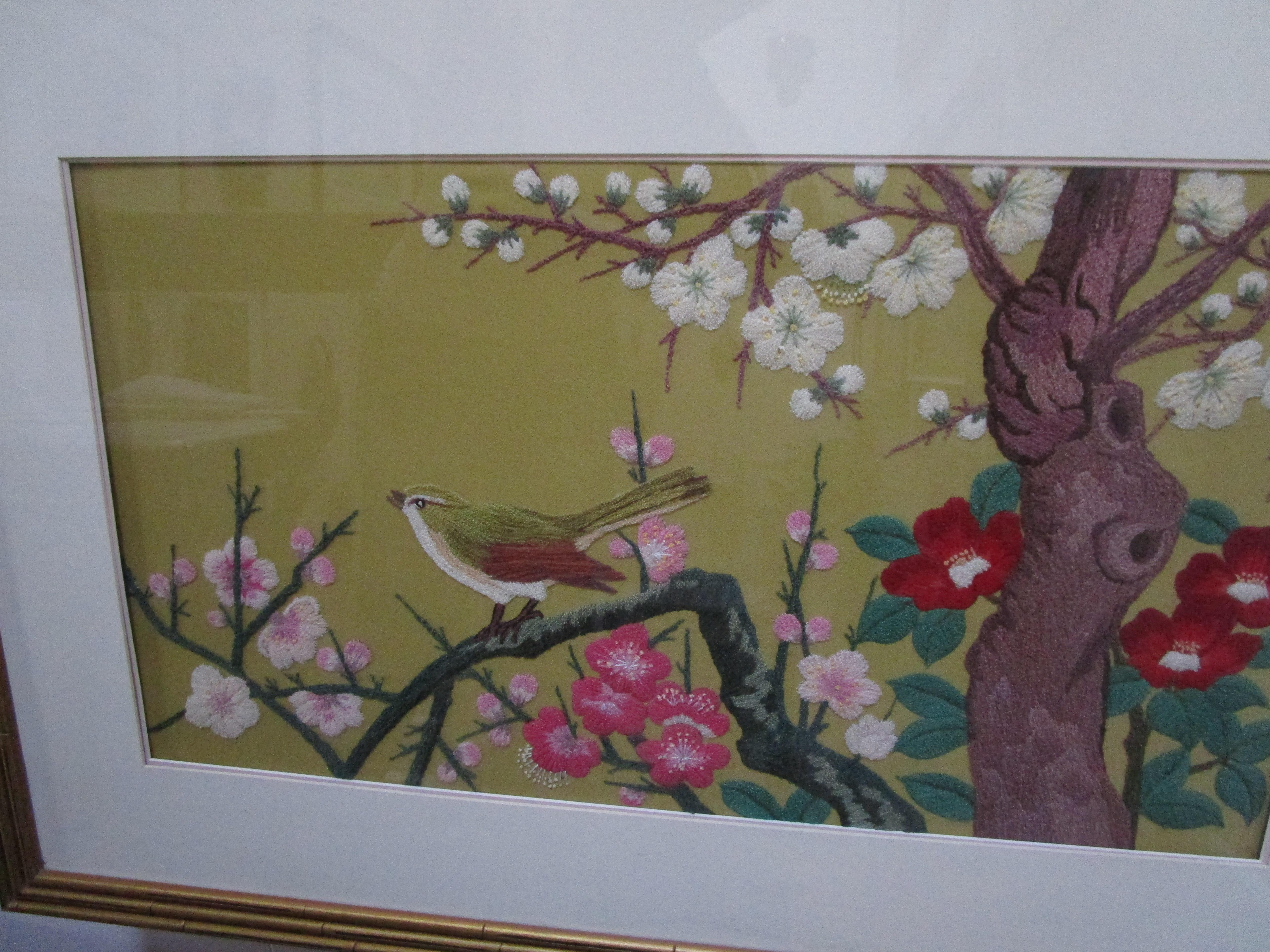 Silk 1940s Chinese Export Needlepoint with Nightingale on Branch with Blooms For Sale 3