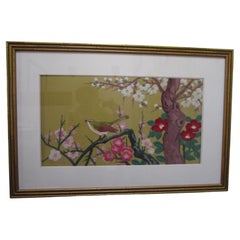 Silk 1940s Chinese Export Needlepoint with Nightingale on Branch with Blooms