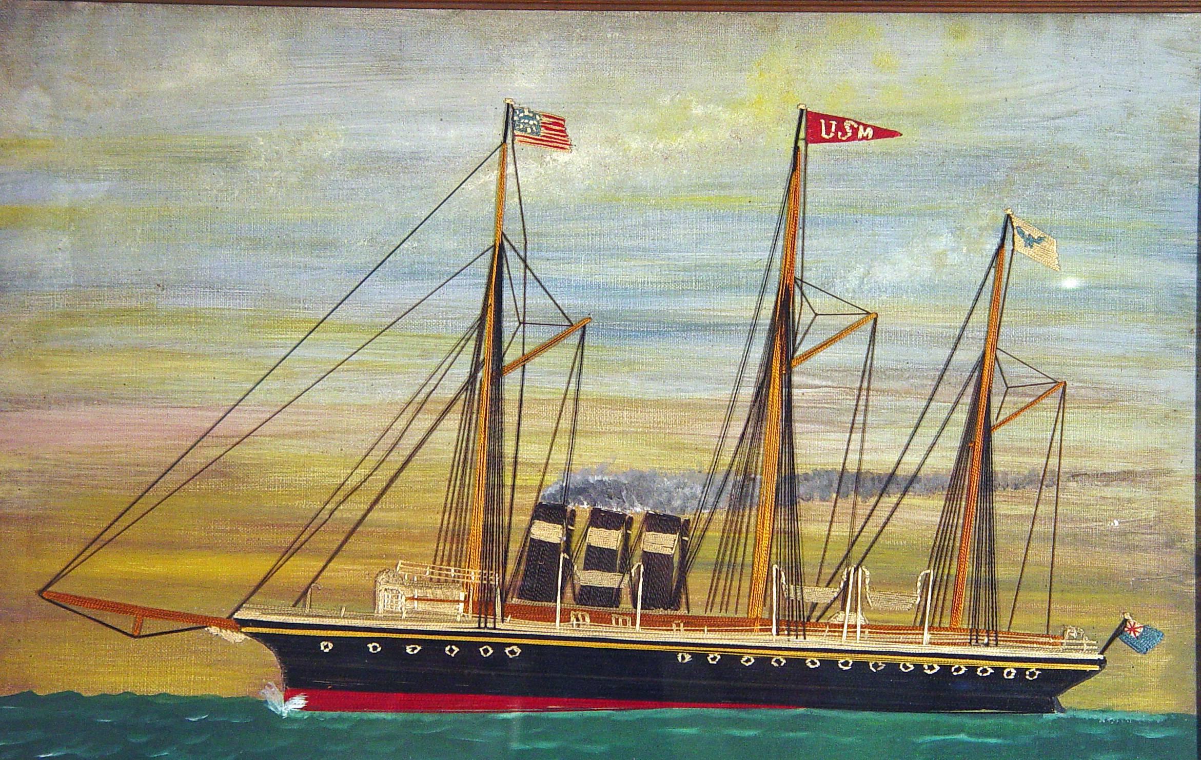 Silk and canvas picture of a British Ship in American Waters,
Initialled M.C. and dated January 1901.

The silk and canvas picture depicts a portside view of a steamship with three masts created in silk on a painted canvas background. The ship is