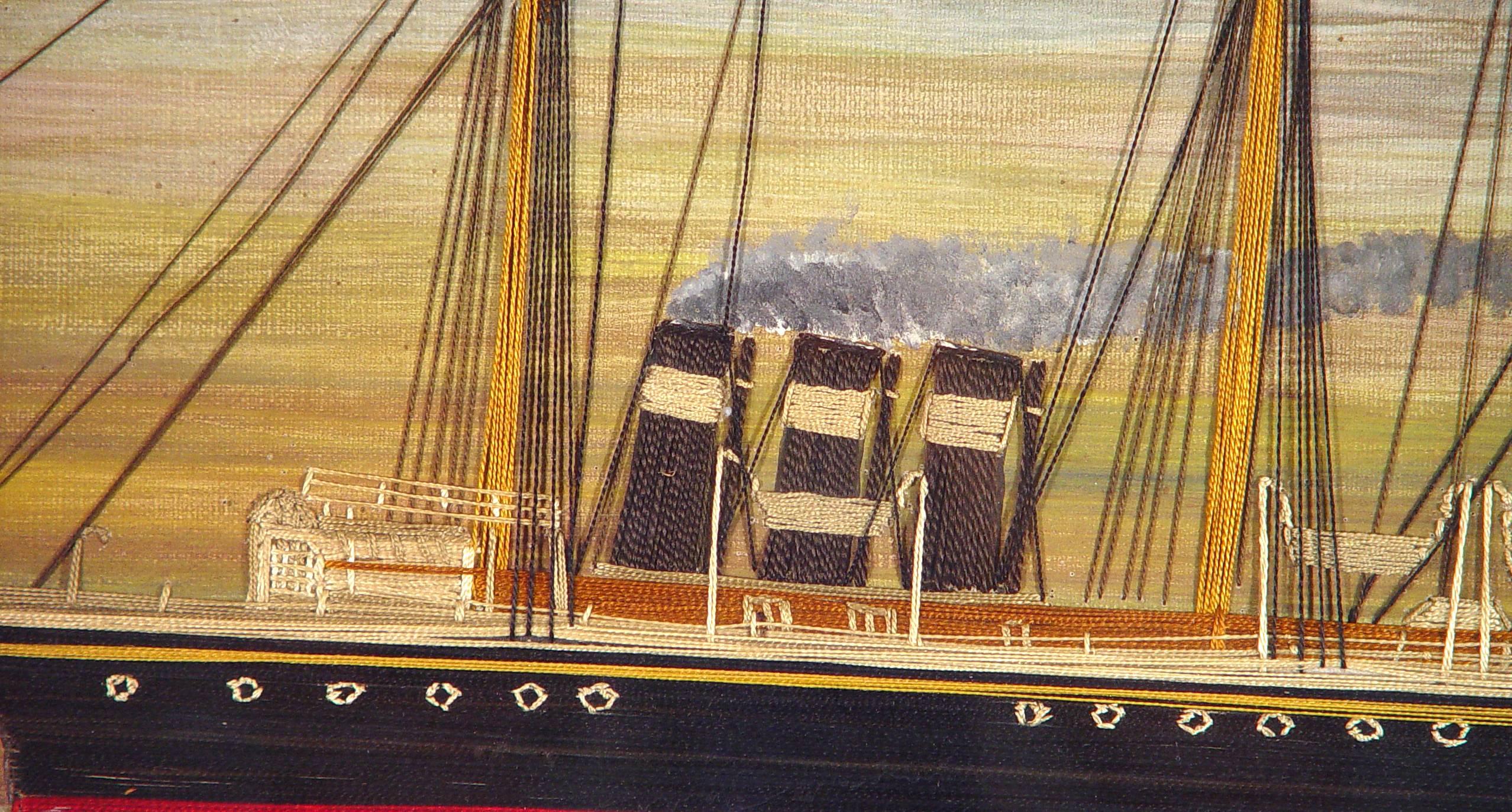 Folk Art Silk and Canvas Picture of a British Ship in American Waters, Dated 1901