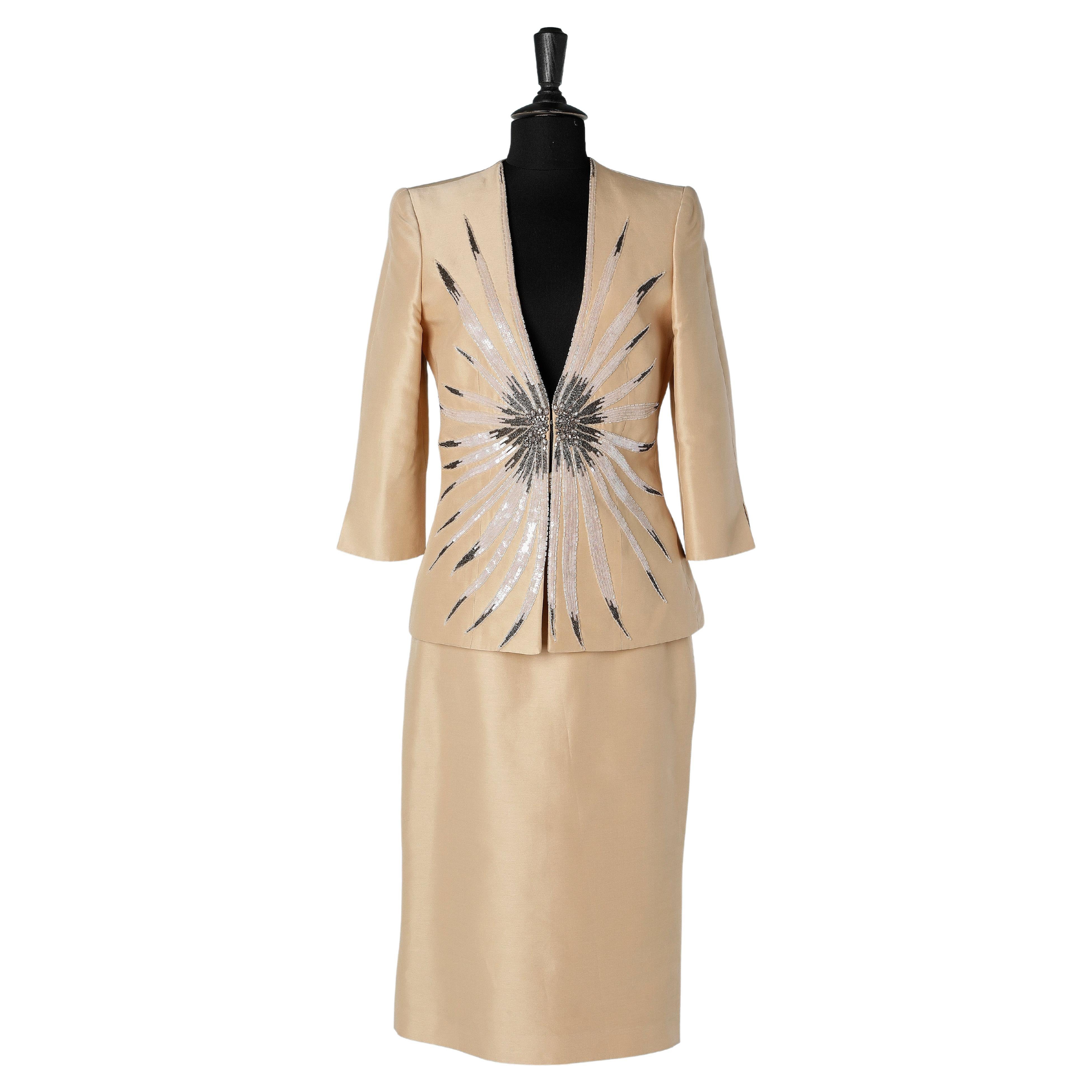 Silk and cotton evening skirt suit with beaded work Gai Mattiolo Couture NEW For Sale