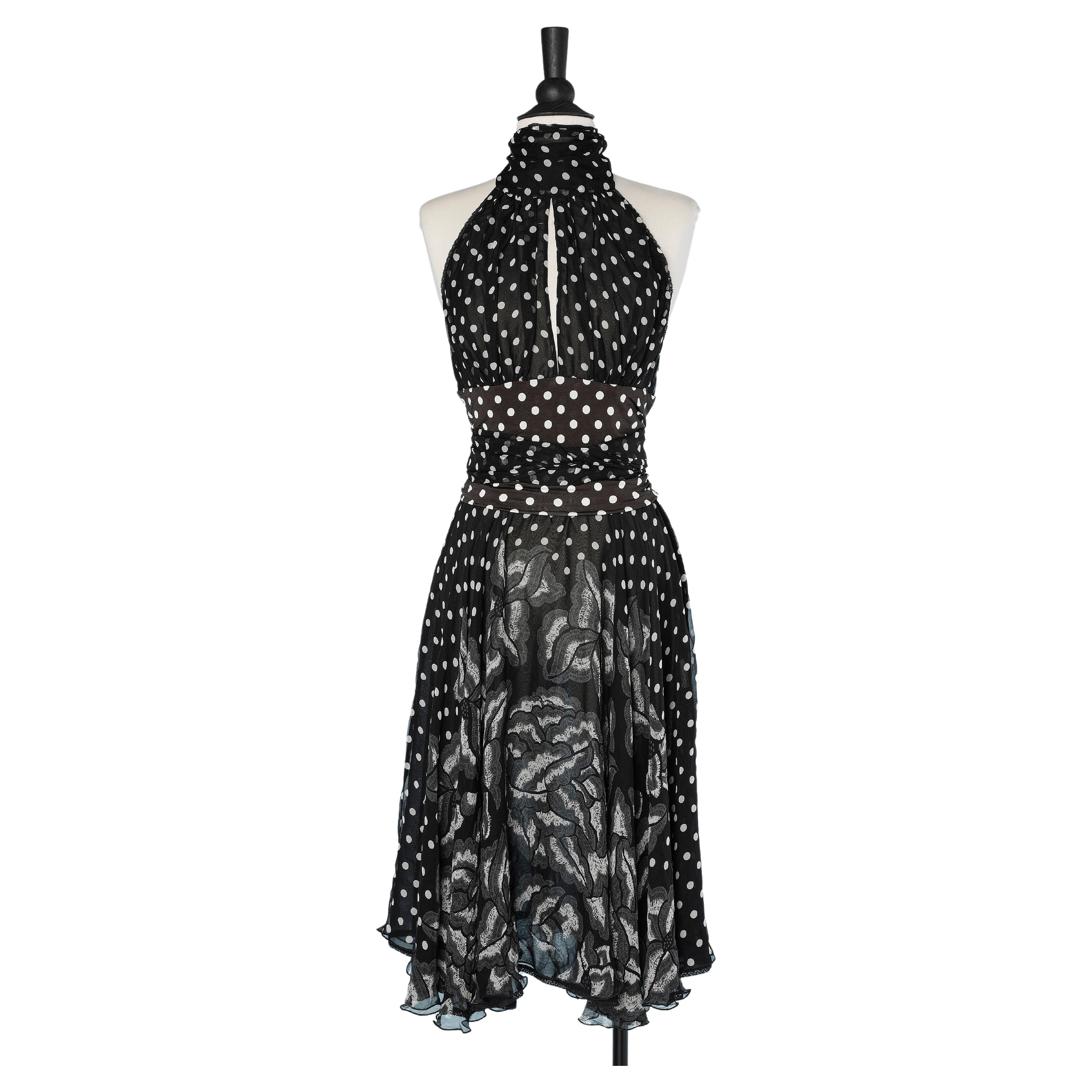 Silk and jersey black&white polka-dots backless cocktail dress with belt  Ferré For Sale