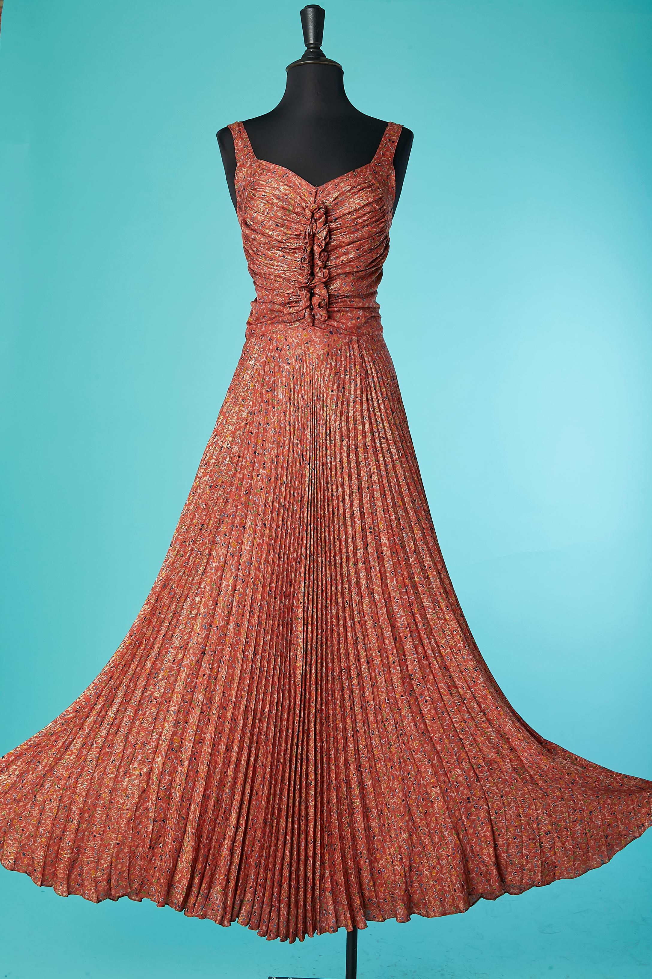 Brown Silk and lurex jacquard evening dress with sunray pleats Circa 1930's 