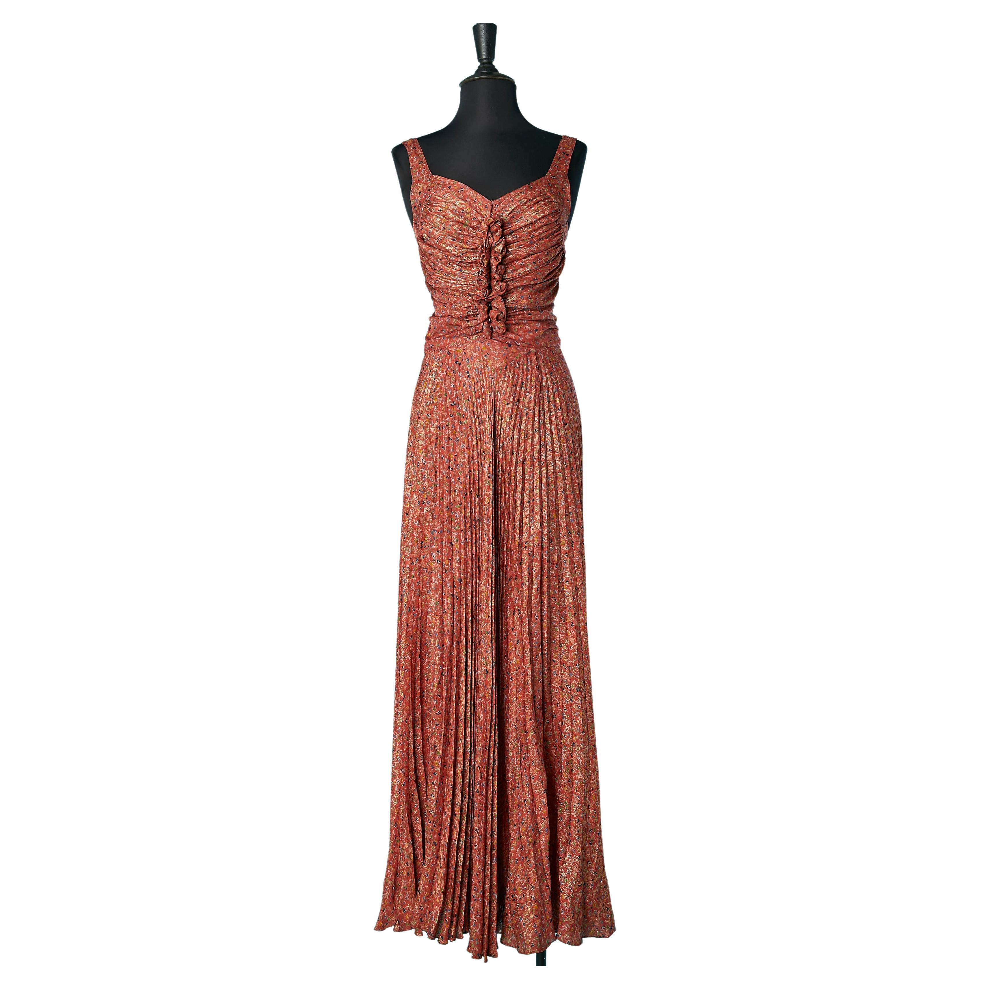 Silk and lurex jacquard evening dress with sunray pleats Circa 1930's 