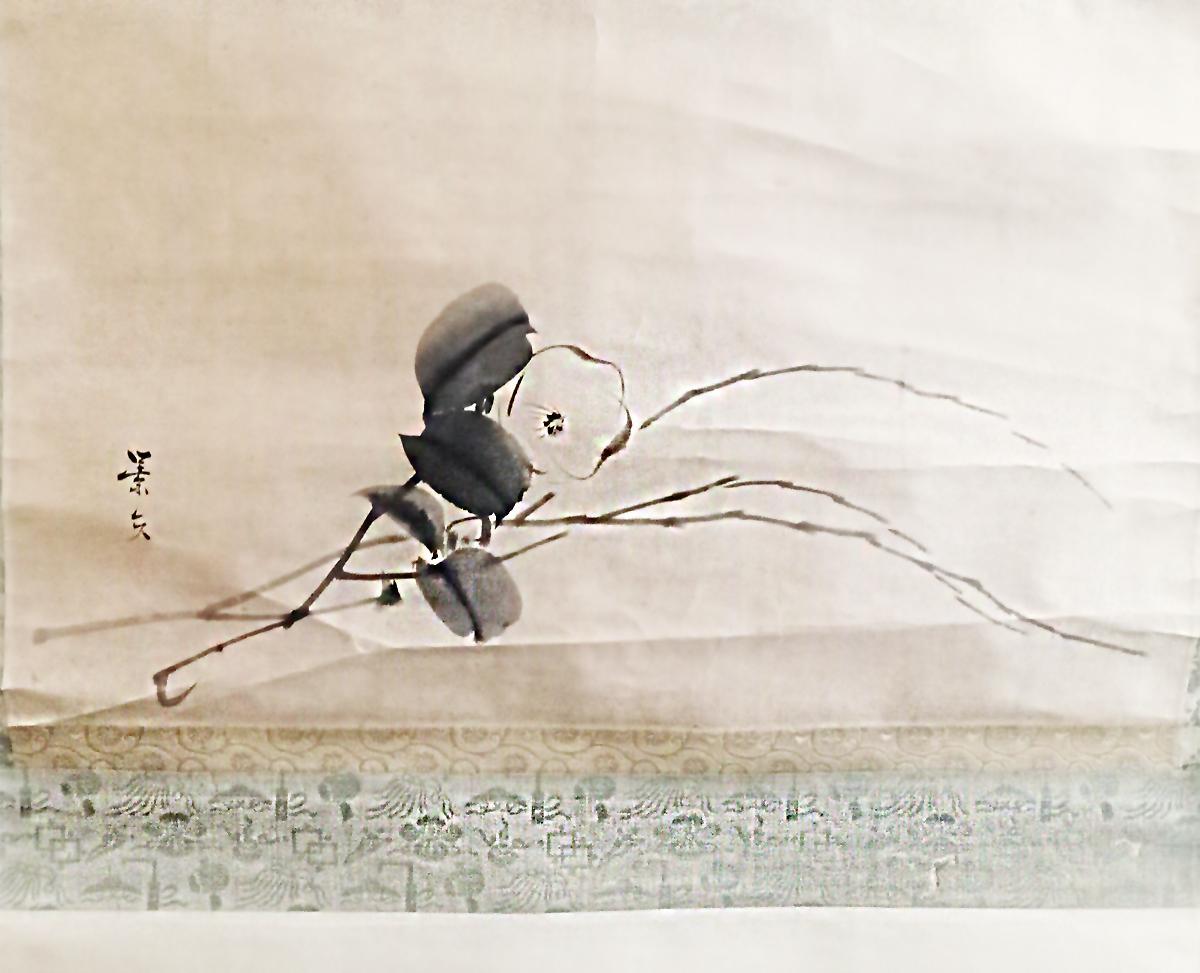 A silk parchment scroll with a Camellia Flower painting, by Japanese artist Matsumura Keibun (1779-1843). 

The younger half-brother to Matsumura Goshun, founder of the Shijo school of Japanese painting, Keibun received his first art lessons from