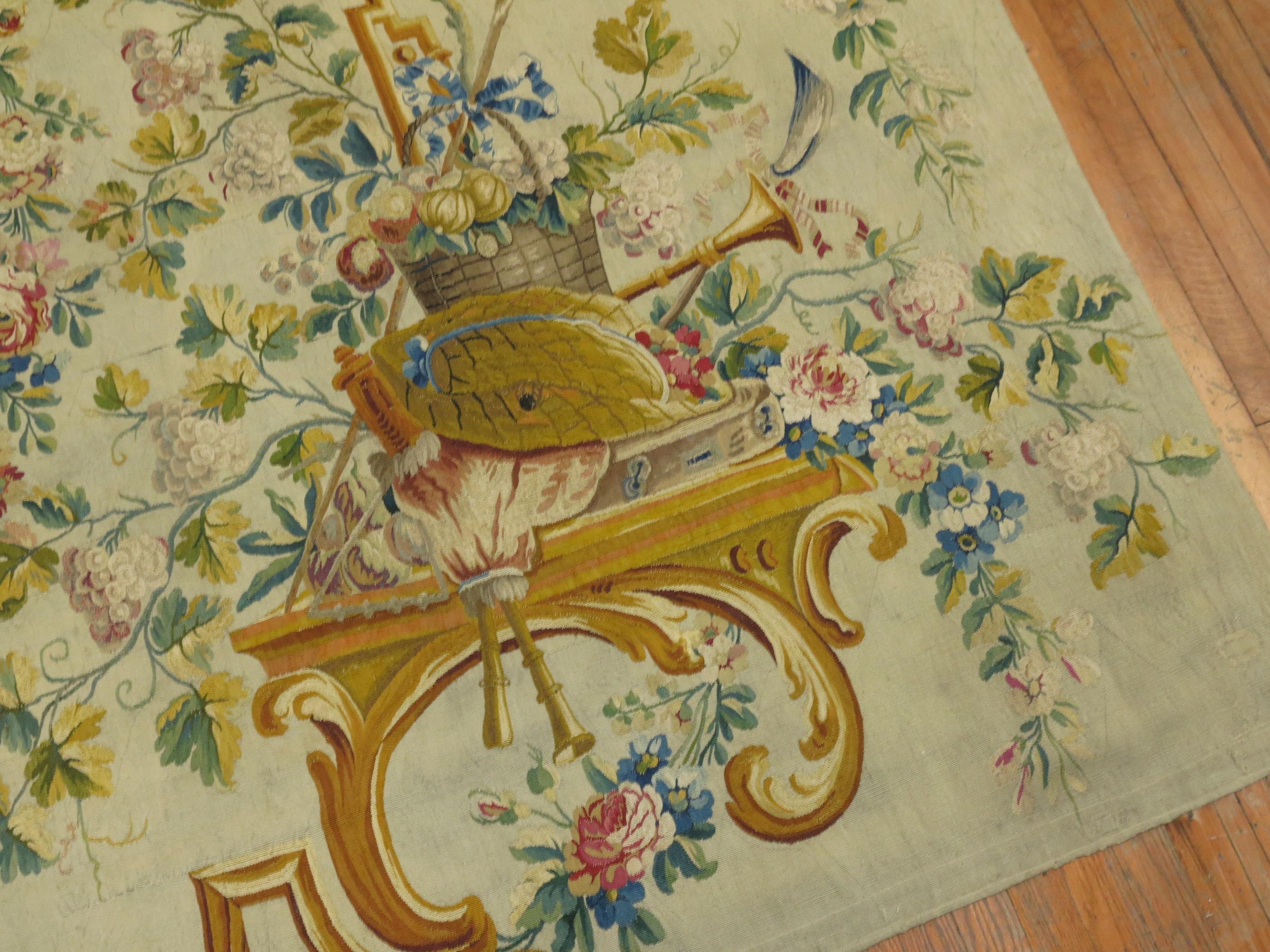 French Provincial Silk and Wool 18th Century French Aubusson Tapestry Panel from France For Sale