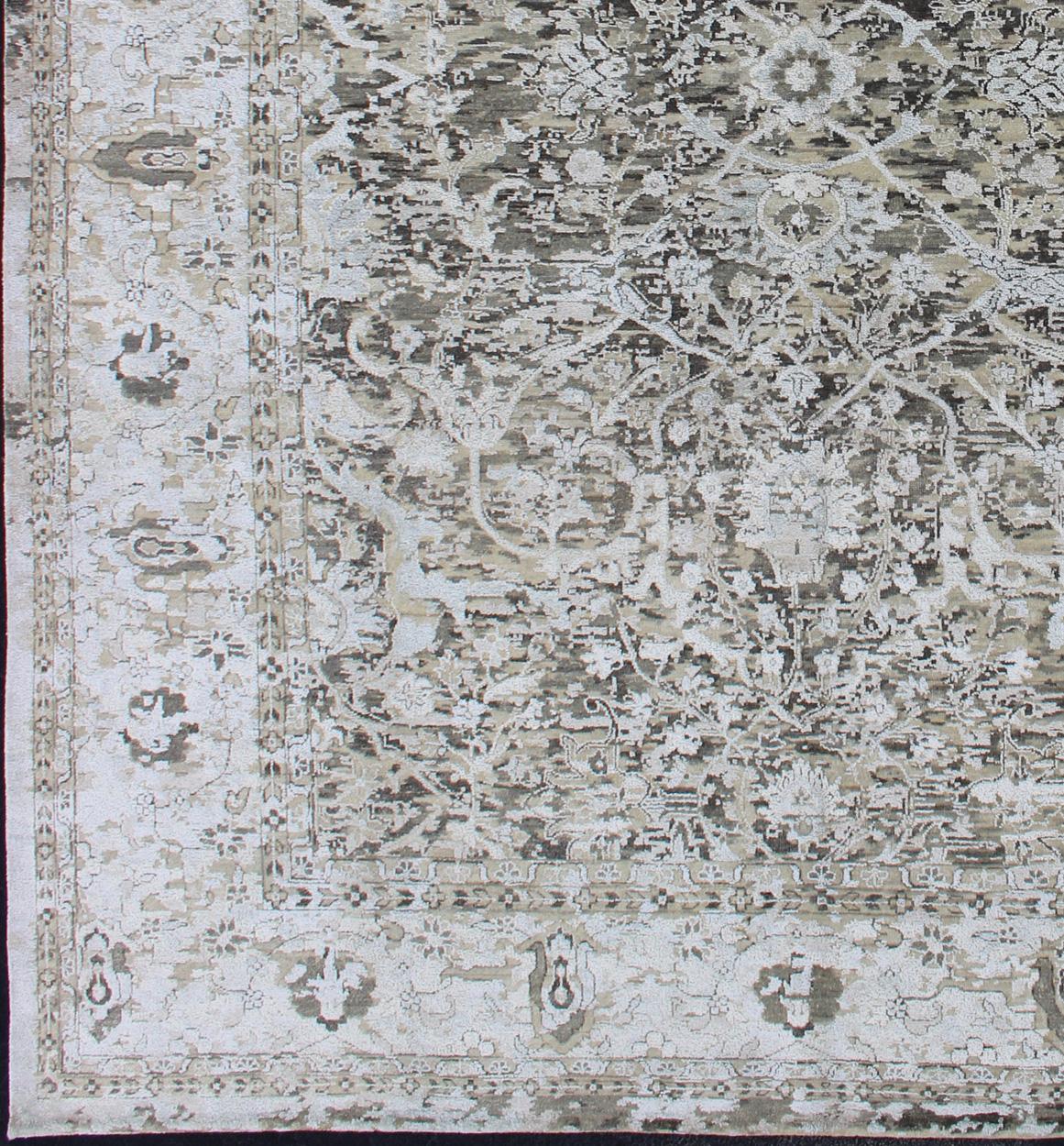 Hand-Knotted Silk and Wool Classic Design Rug in Contemporary Colors and Modern Feel For Sale